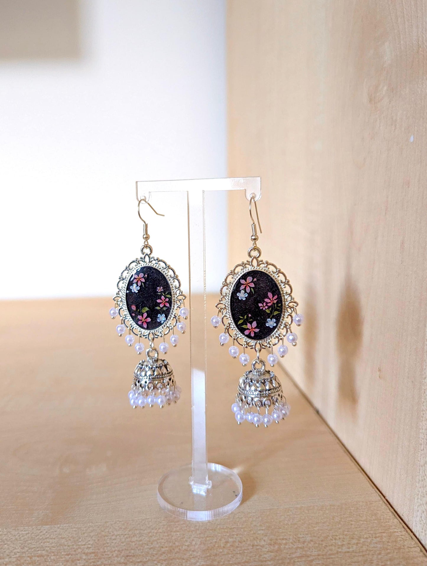 Multicolor Black Floral Resin Jhumka Earrings