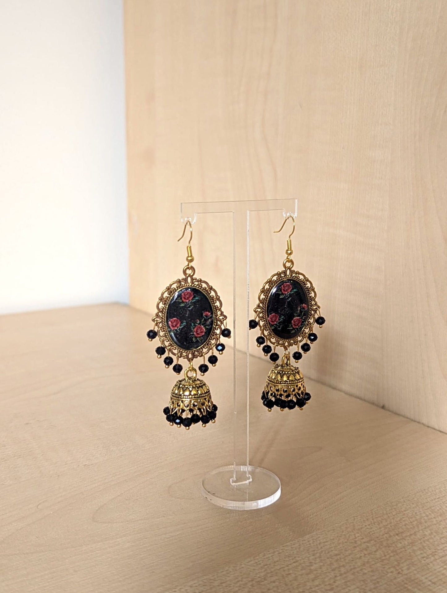 Black and Red Roses Jhumka Earrings