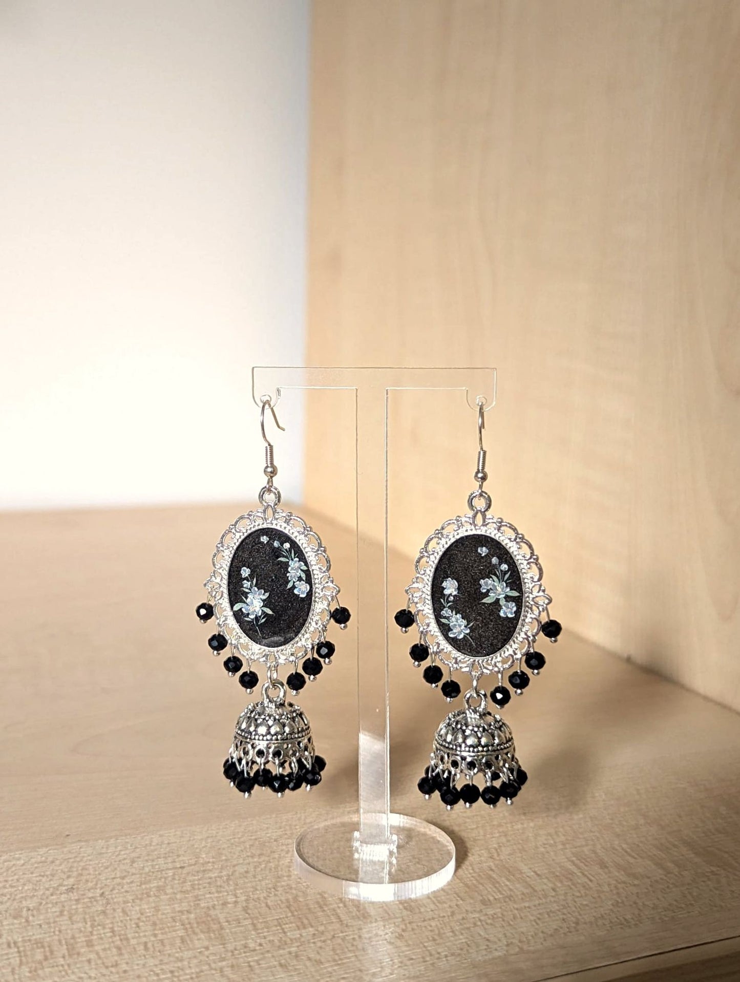 Black and White Flower Jhumka Earrings in Silver