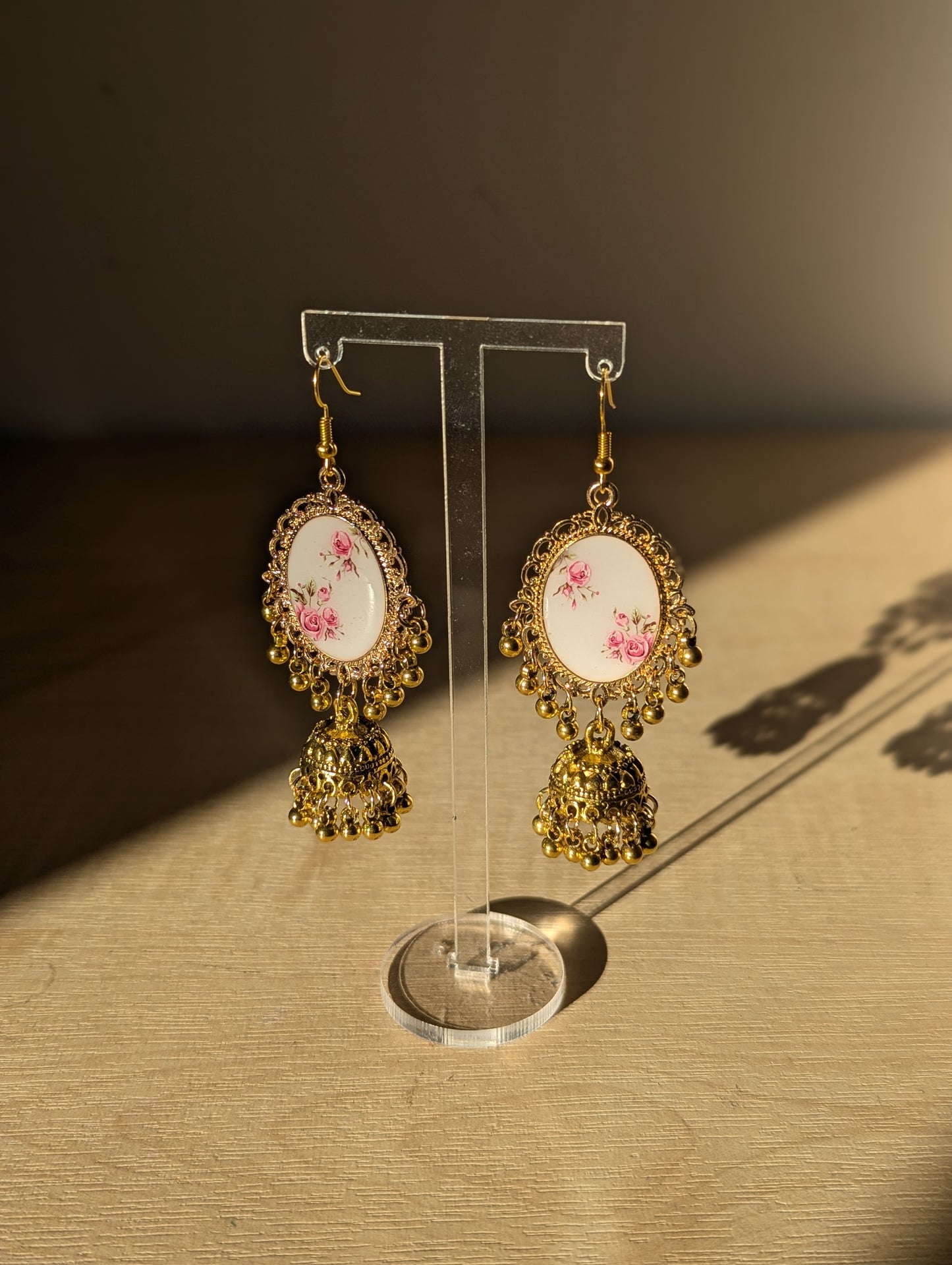 Gold Pink and White Floral Jhumka Earrings