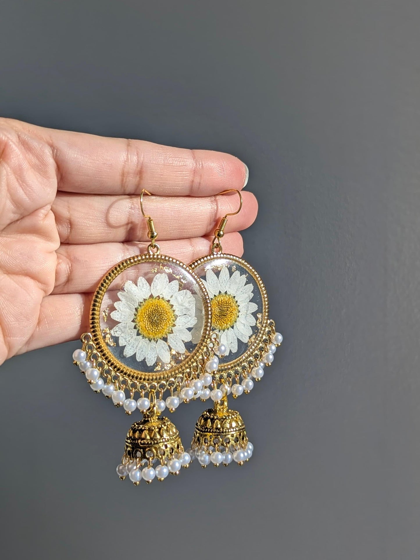 All White Flower Preserved Gold Jhumkas