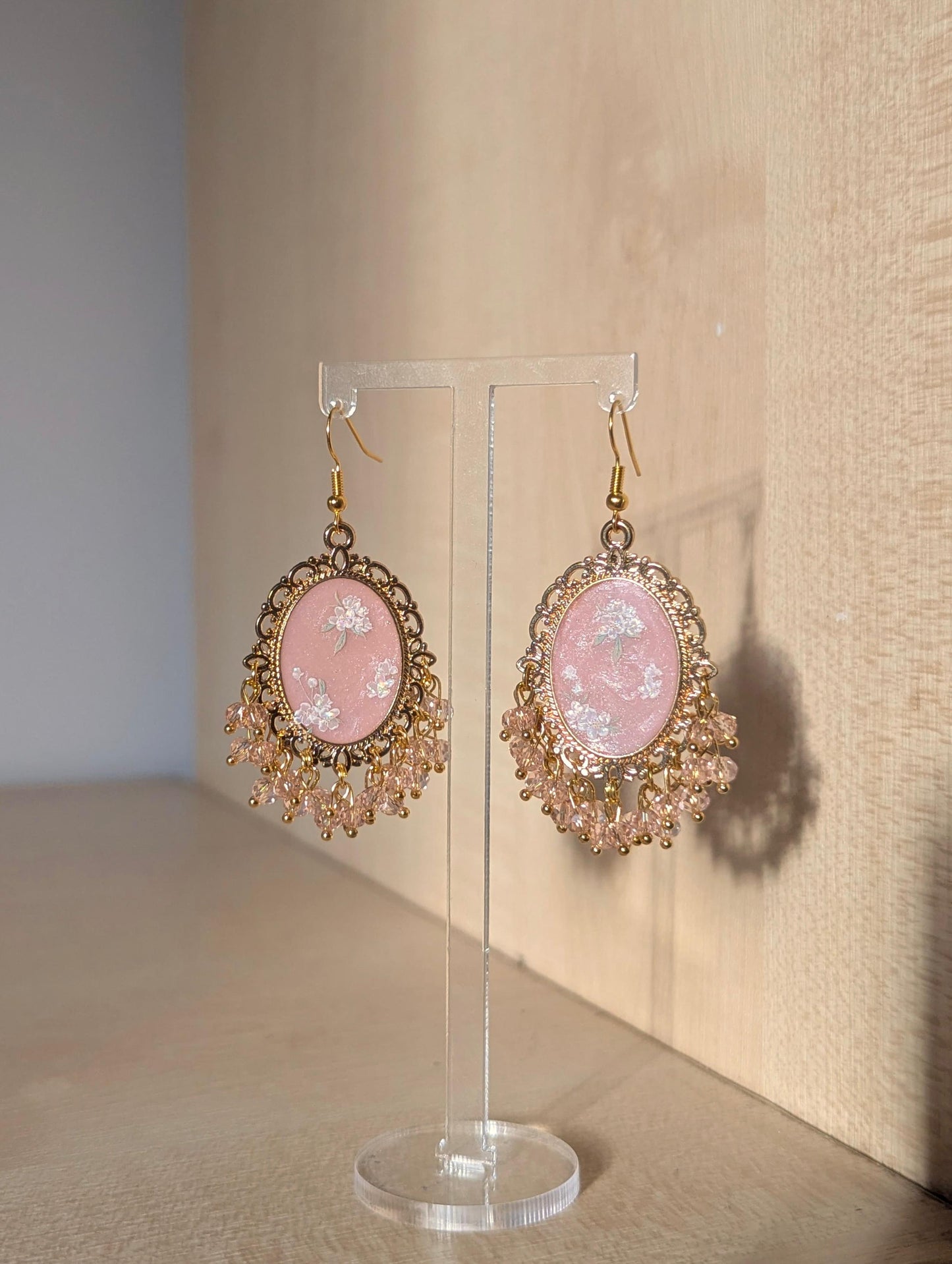 Peach Pink floral resin earrings in gold