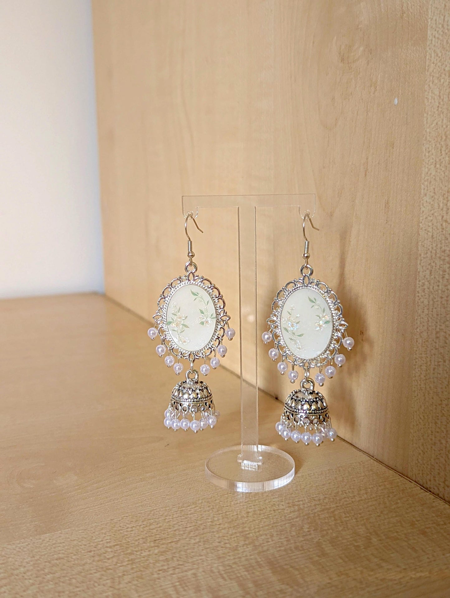 White Floral Jhumka Earrings