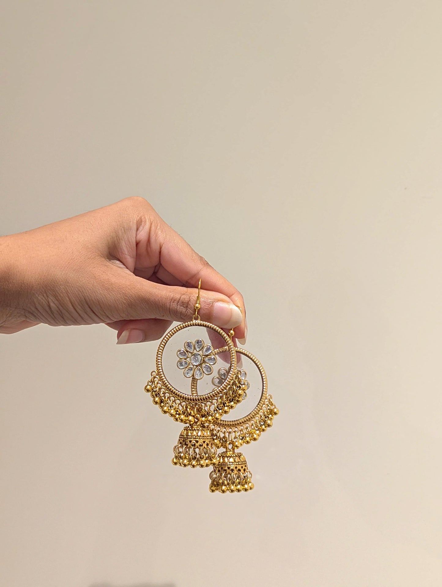Kundan flower gold jhumka earrings
