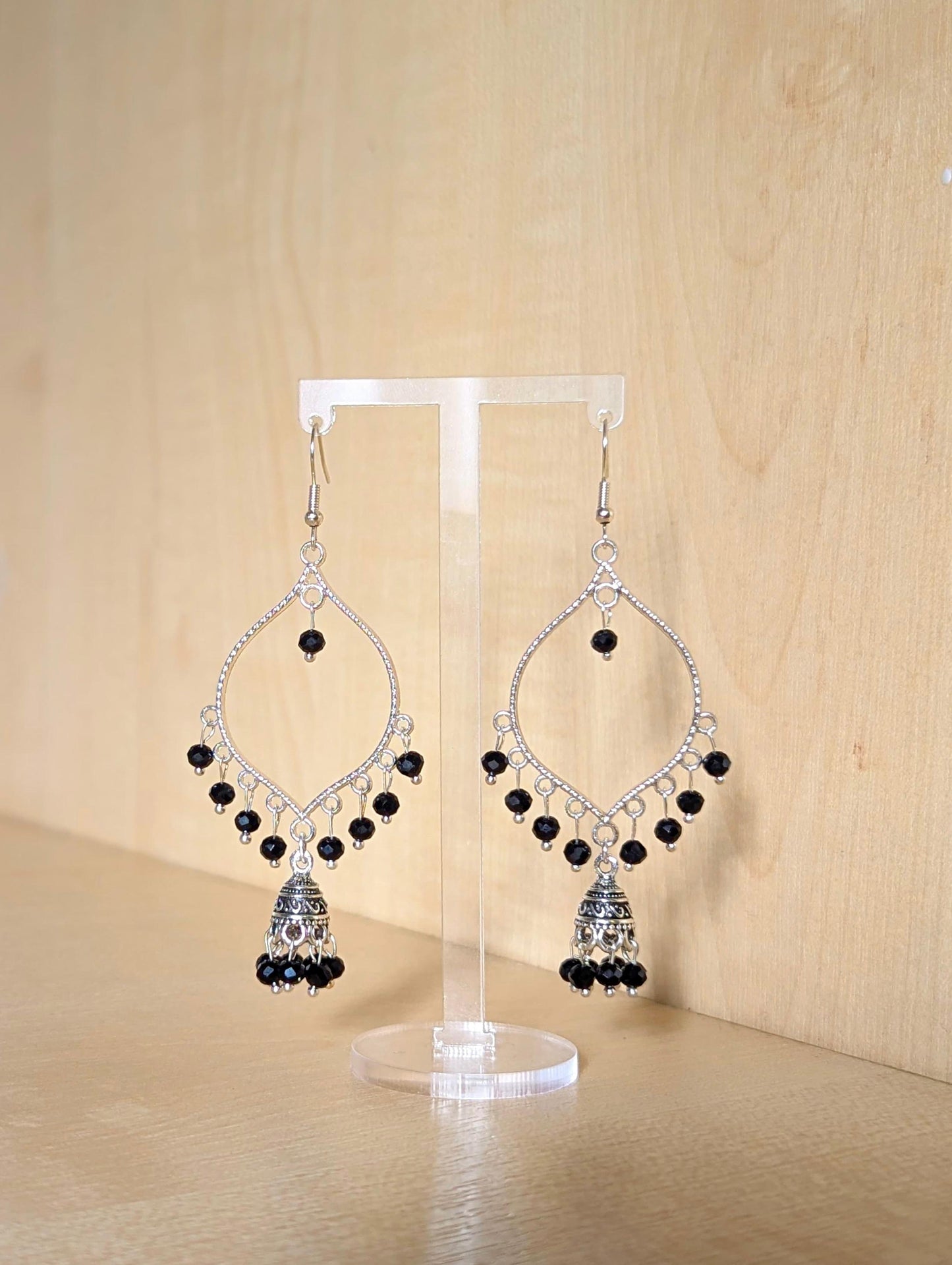 Black Jhumka Drop Earrings in Silver