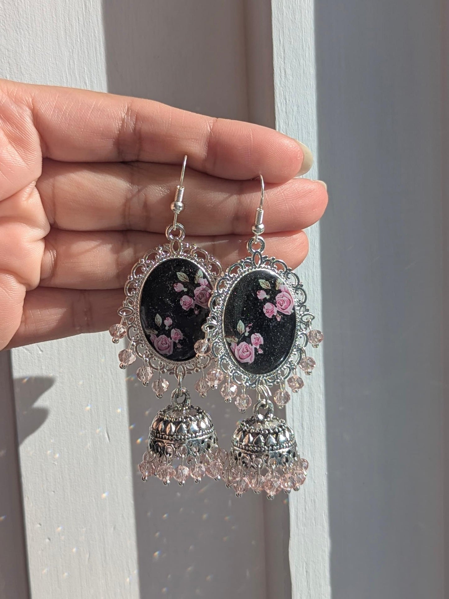 Black and Pink Jhumka Earrings in Silver