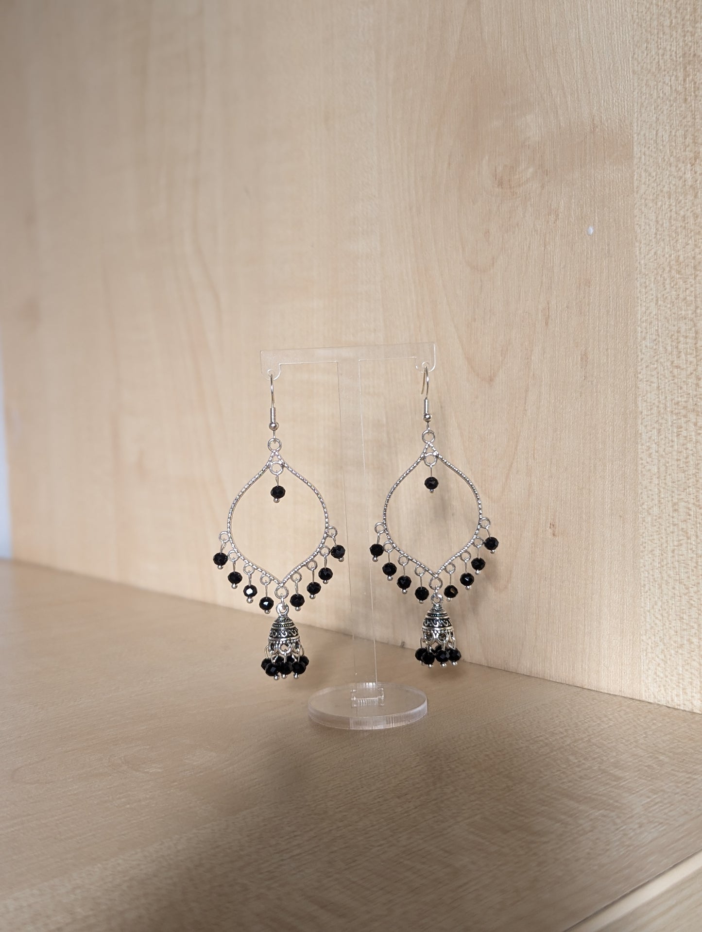 Black Jhumka Drop Earrings in Silver