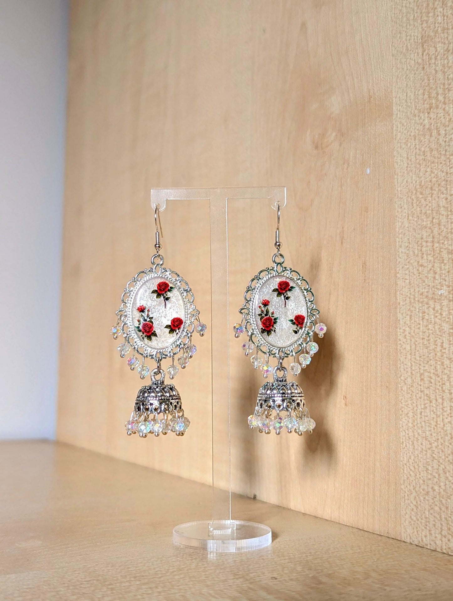 Red Roses on White Jhumka Earrings