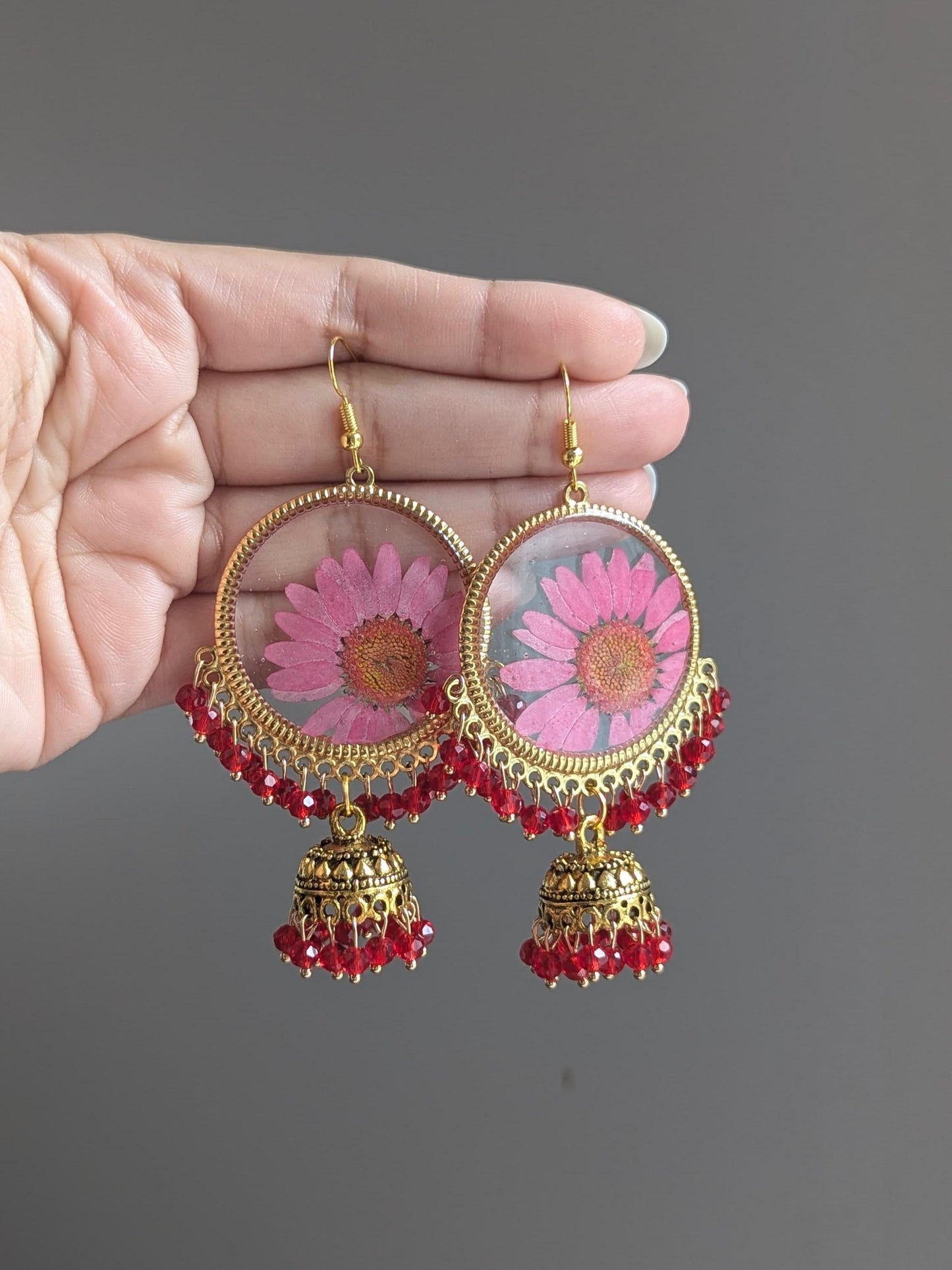 Pink and Red real Flowers Jhumkay in Gold