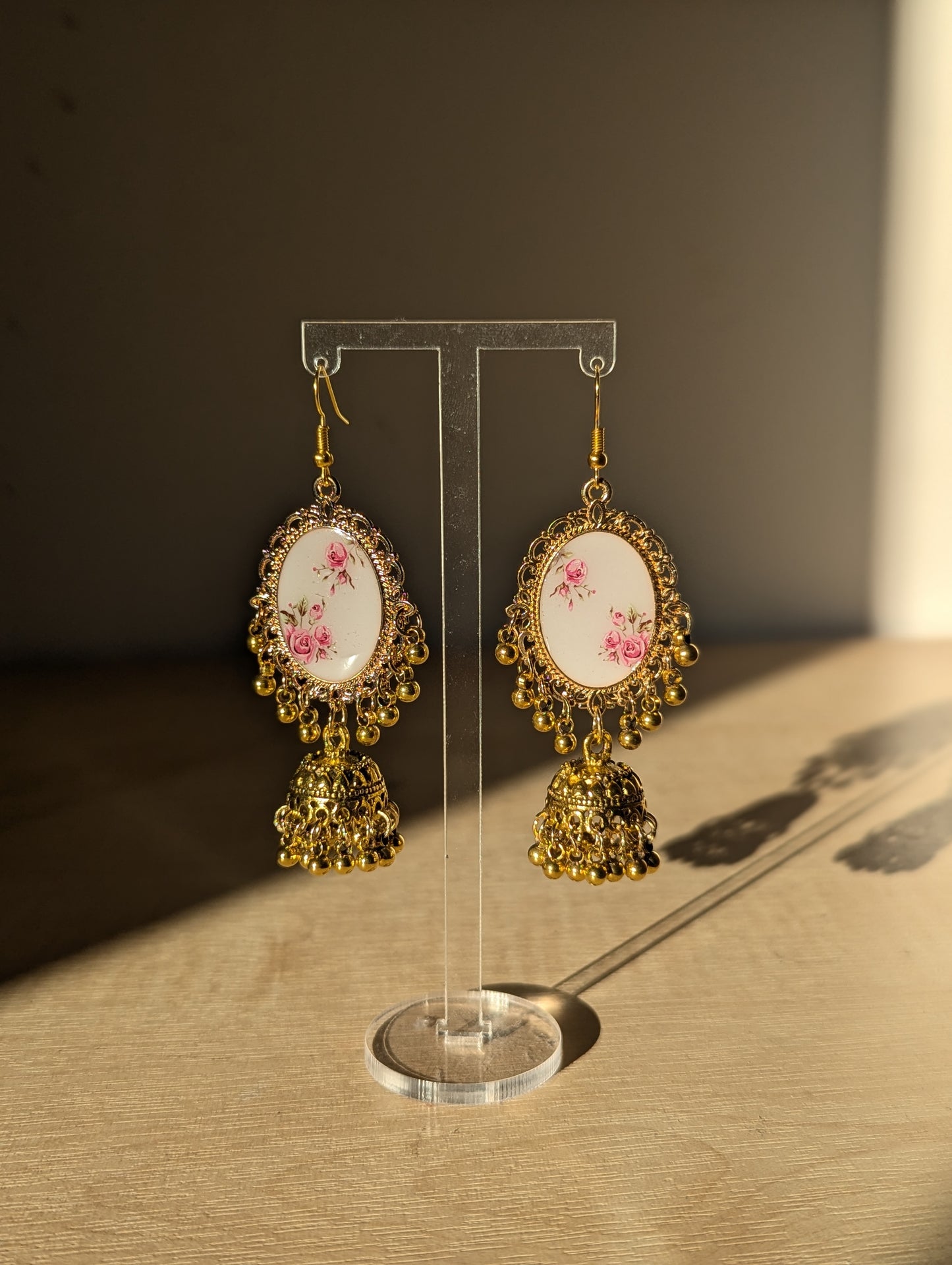 Gold Pink and White Floral Jhumka Earrings