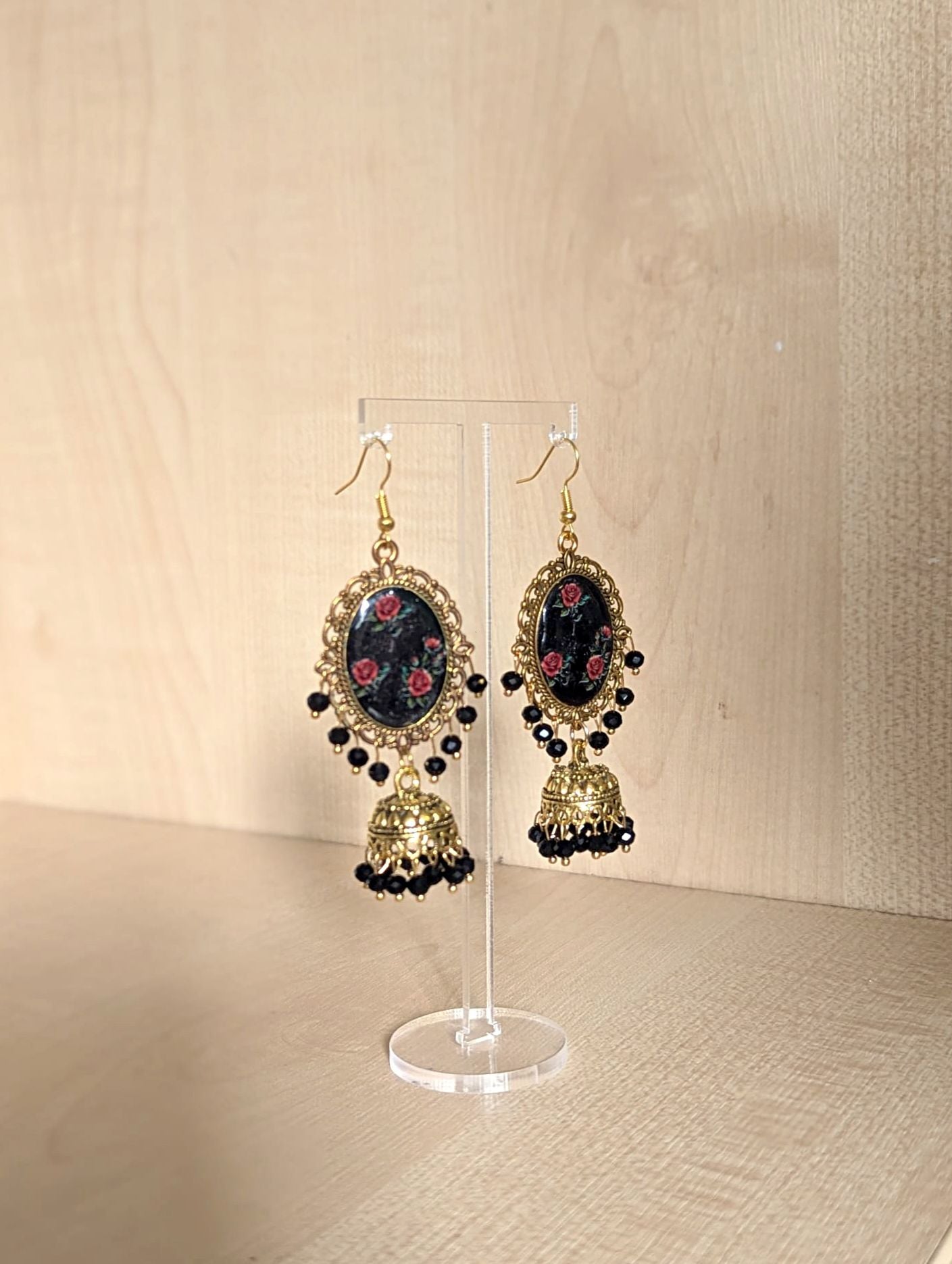 Black and Red Roses Jhumka Earrings