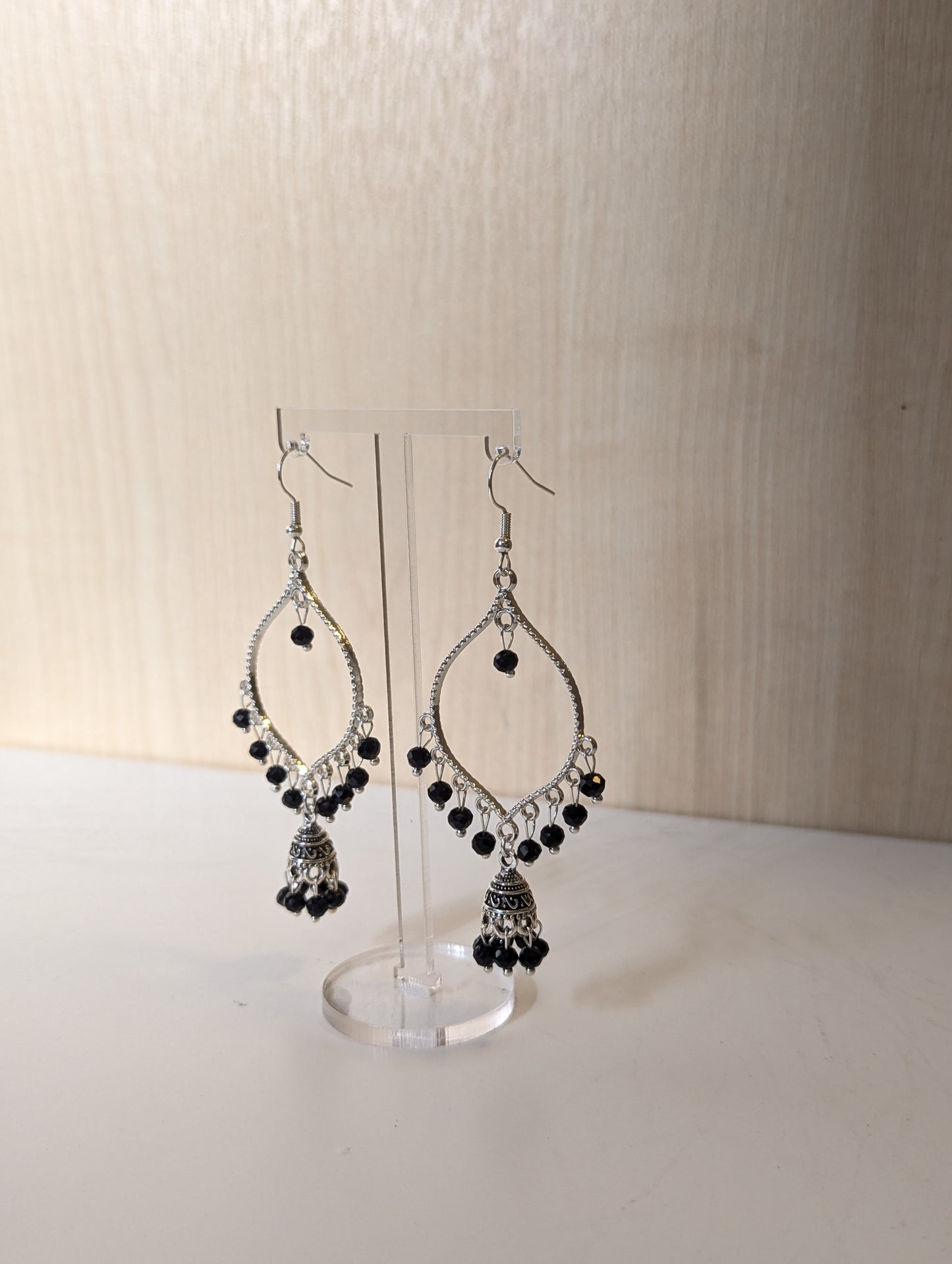 Black Jhumka Drop Earrings in Silver