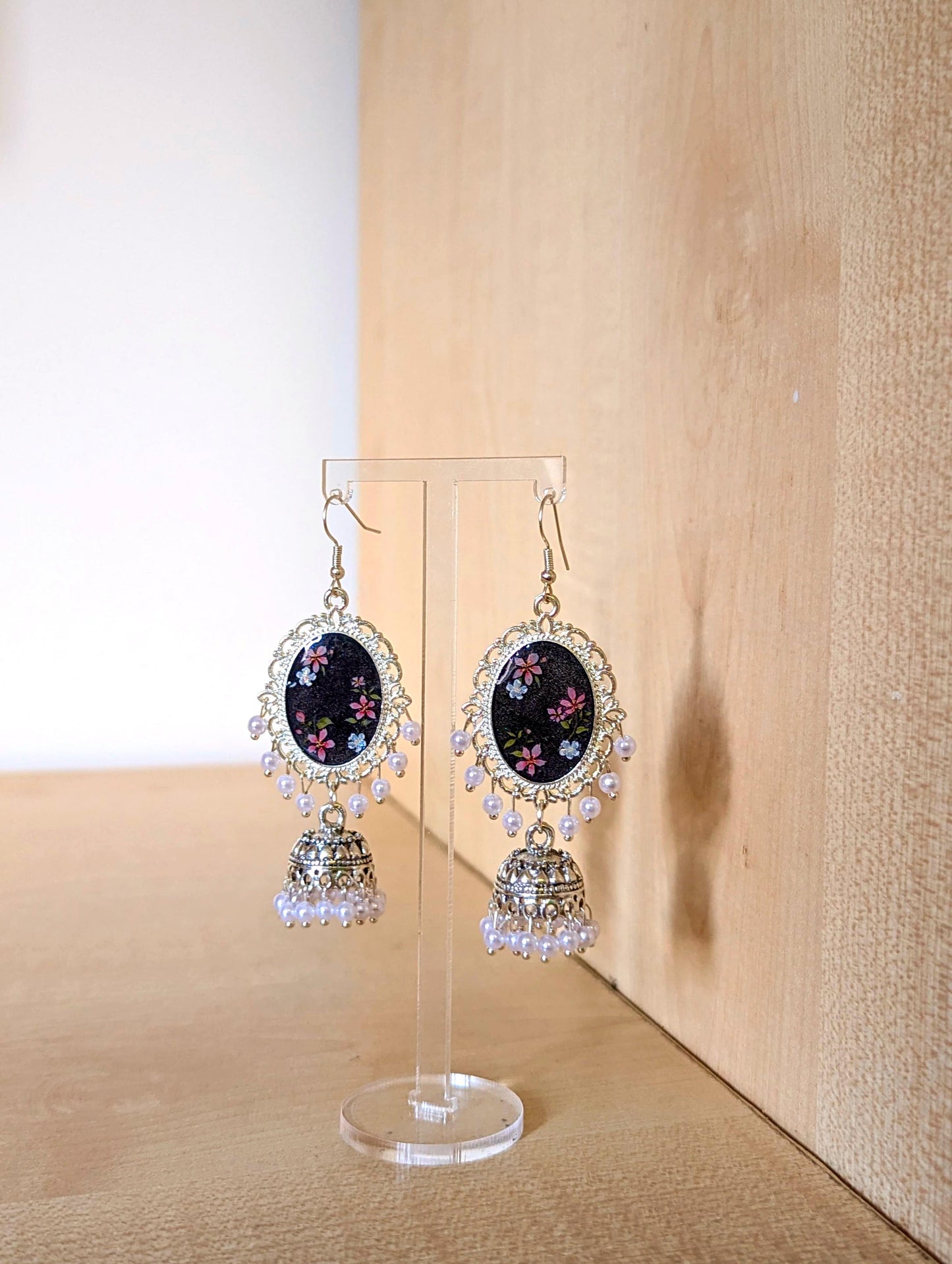 Multicolor Black Floral Resin Jhumka Earrings