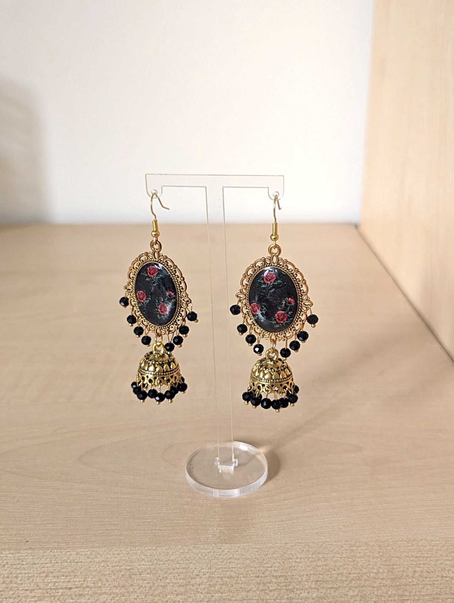 Black and Red Roses Jhumka Earrings