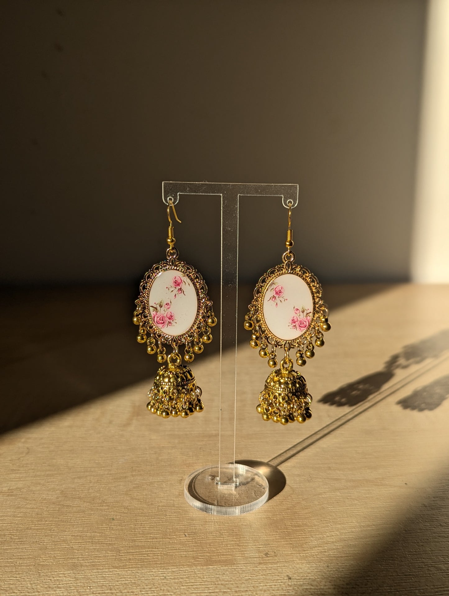 Gold Pink and White Floral Jhumka Earrings