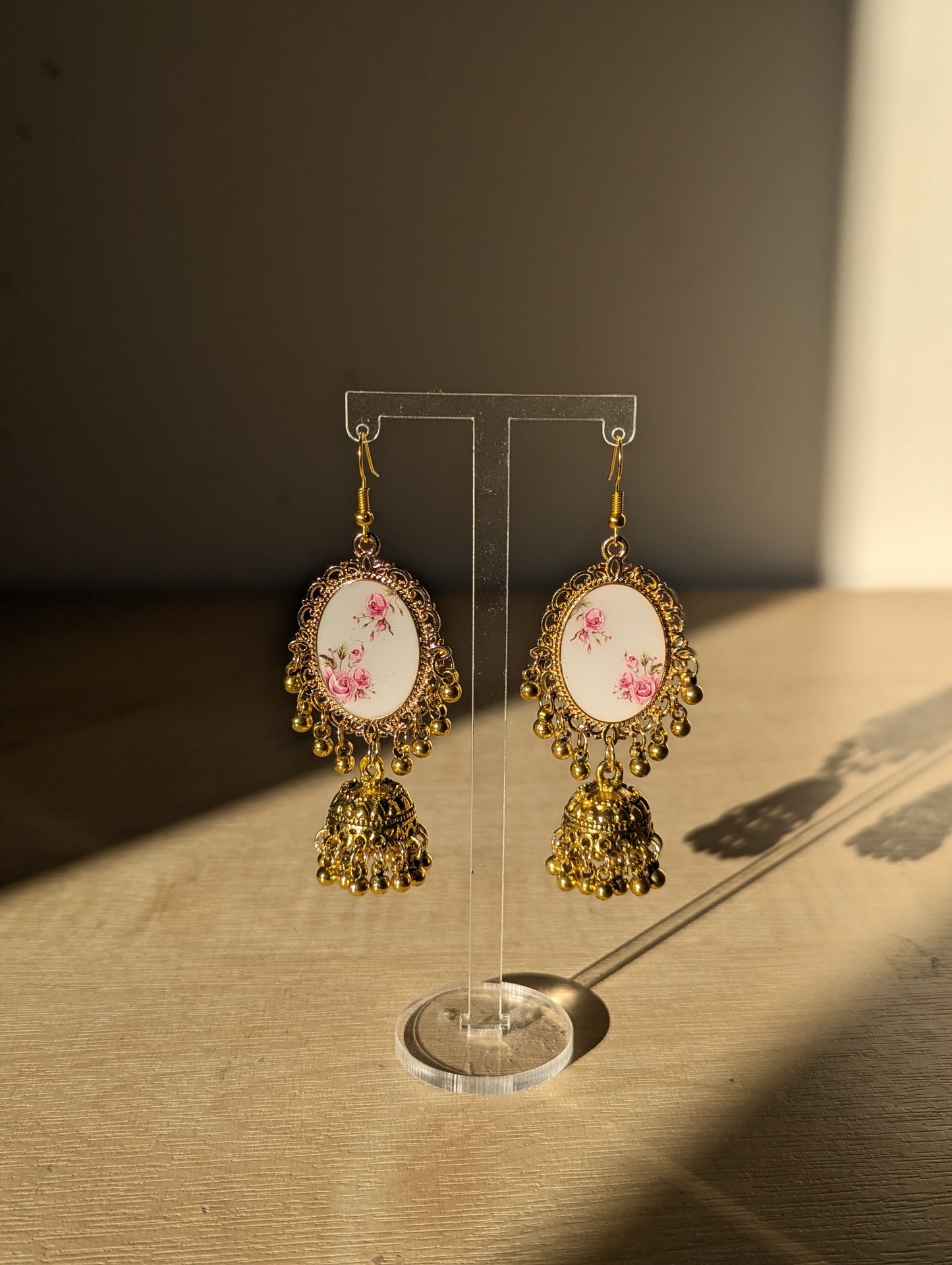 Gold Pink and White Floral Jhumka Earrings