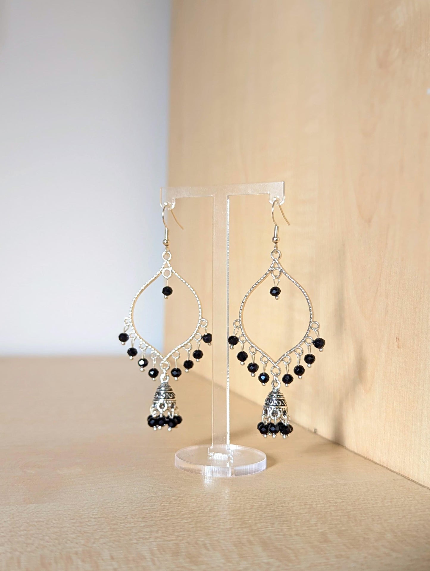 Black Jhumka Drop Earrings in Silver