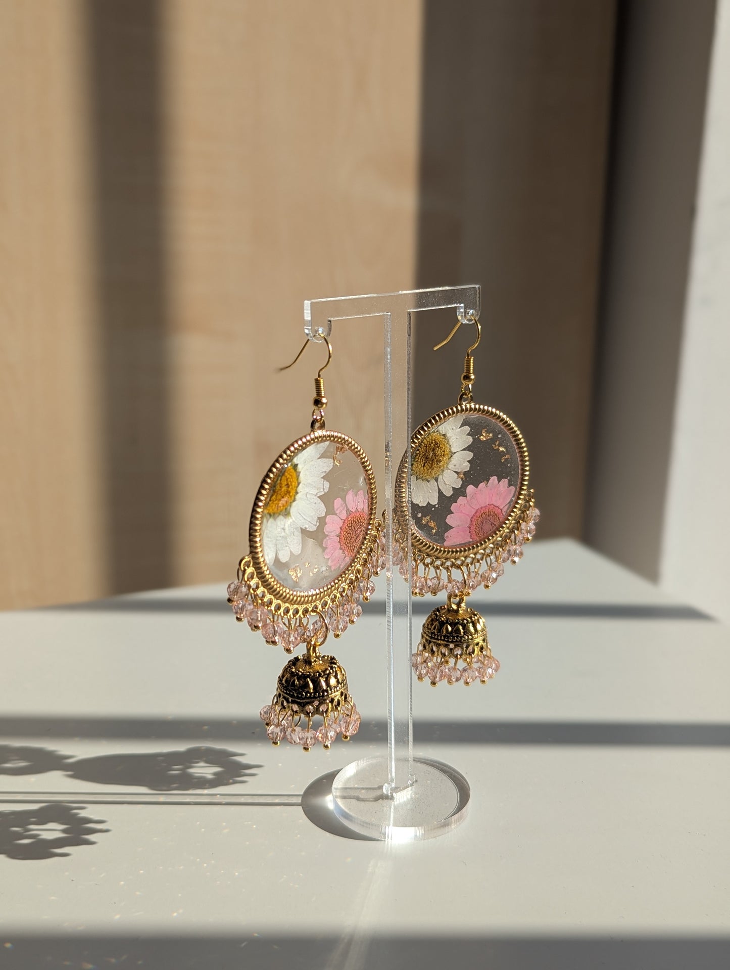 Pink and White Daisy Jhumka Earrings with Gold Flakes