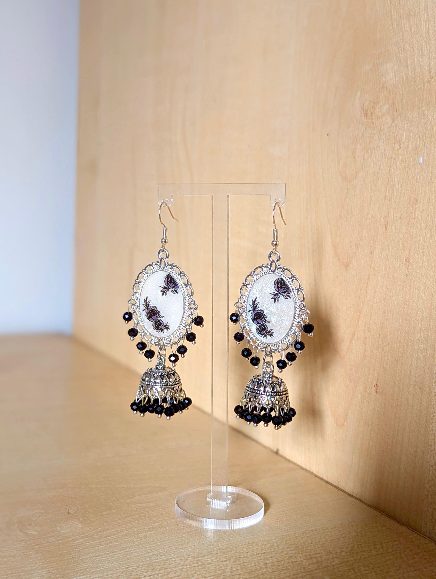 Black and White Silver Jhumka Resin Earrings