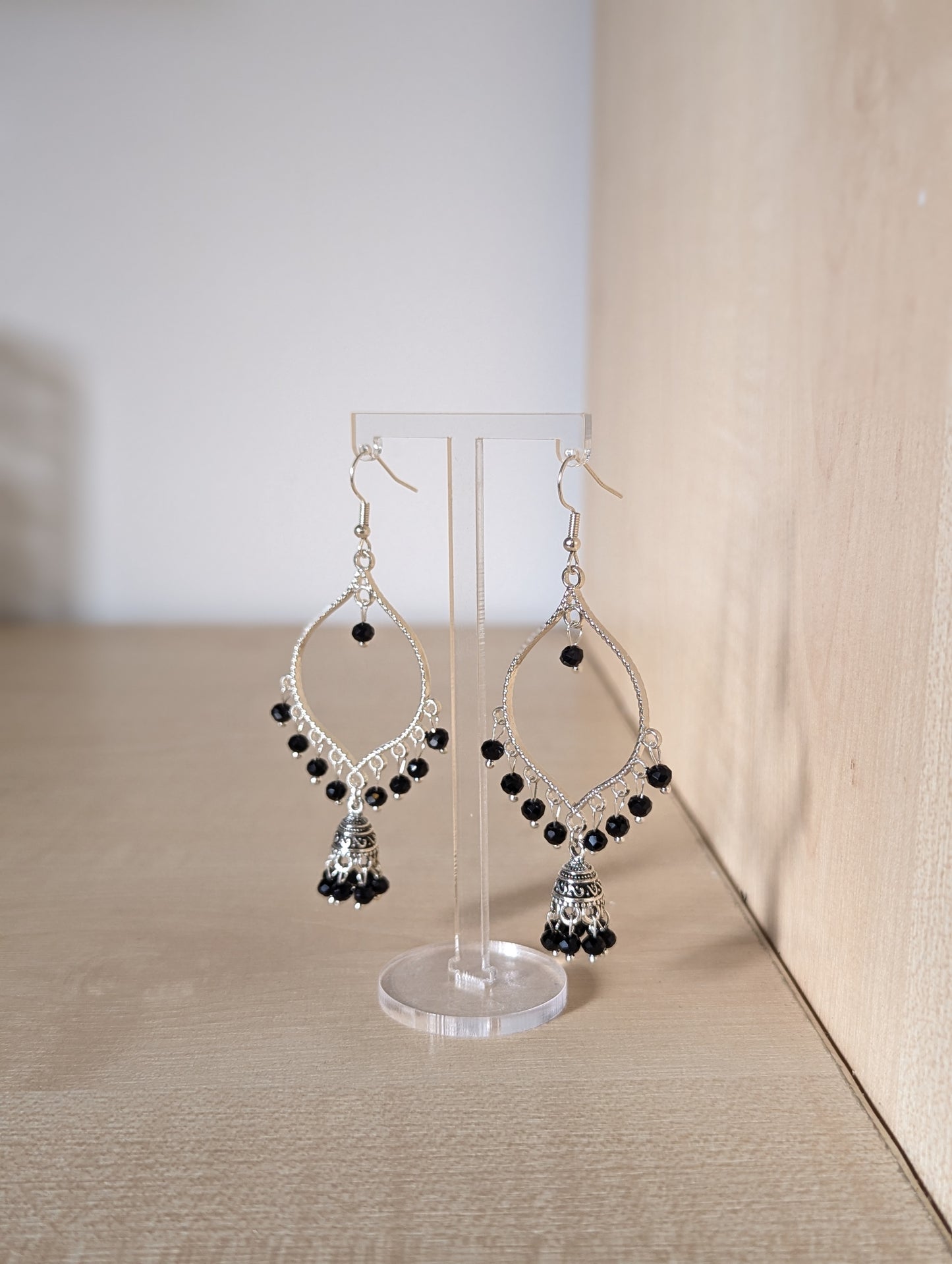 Black Jhumka Drop Earrings in Silver