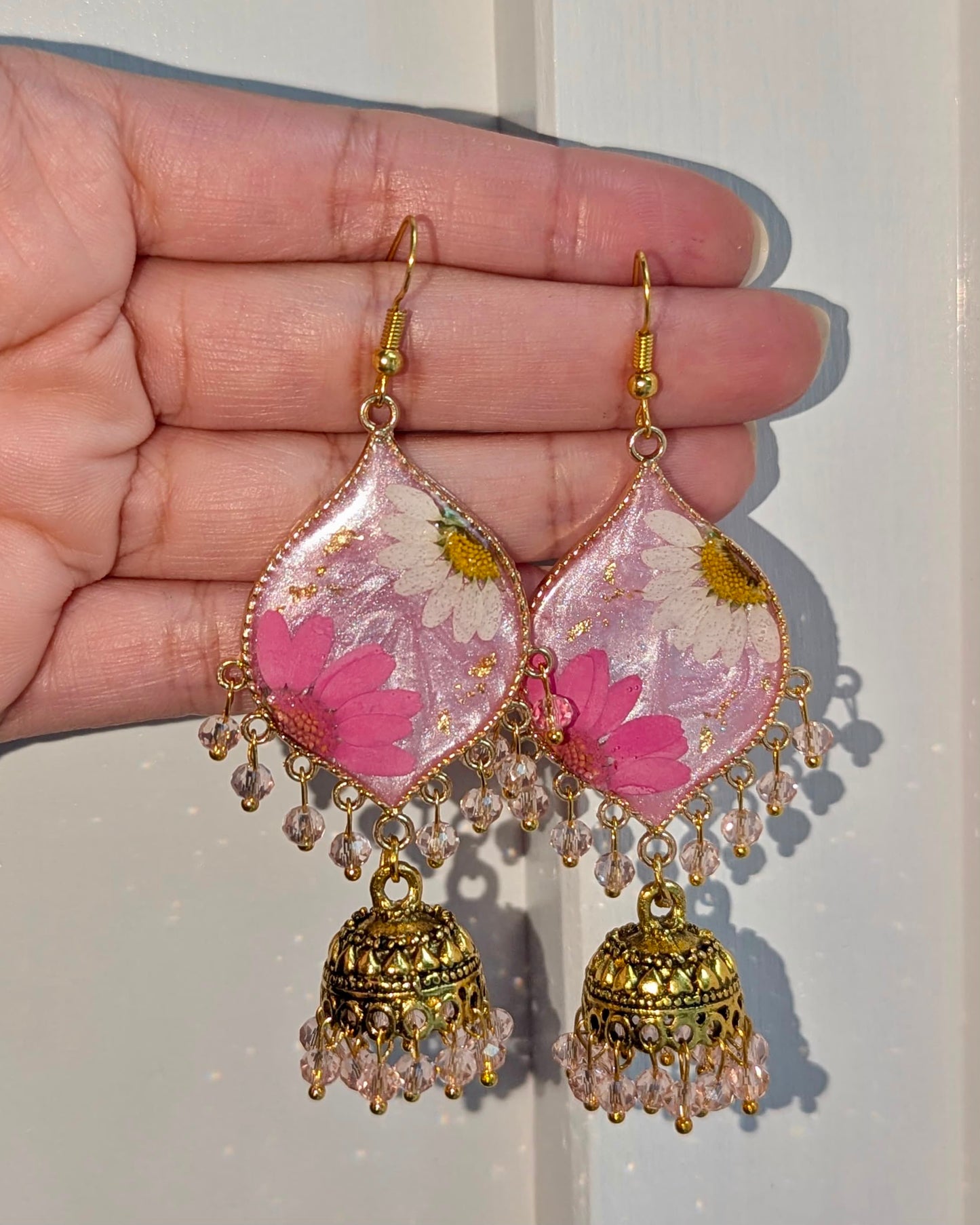 Shimmery Pink and White Floral Jhumkay