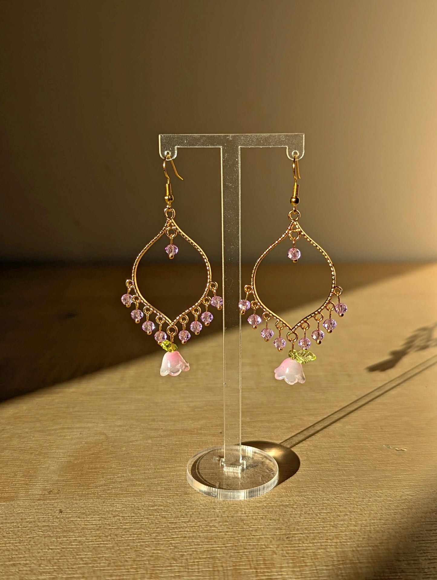 Purple Crystal Pink Flower Drop Earrings in Jhumka Style