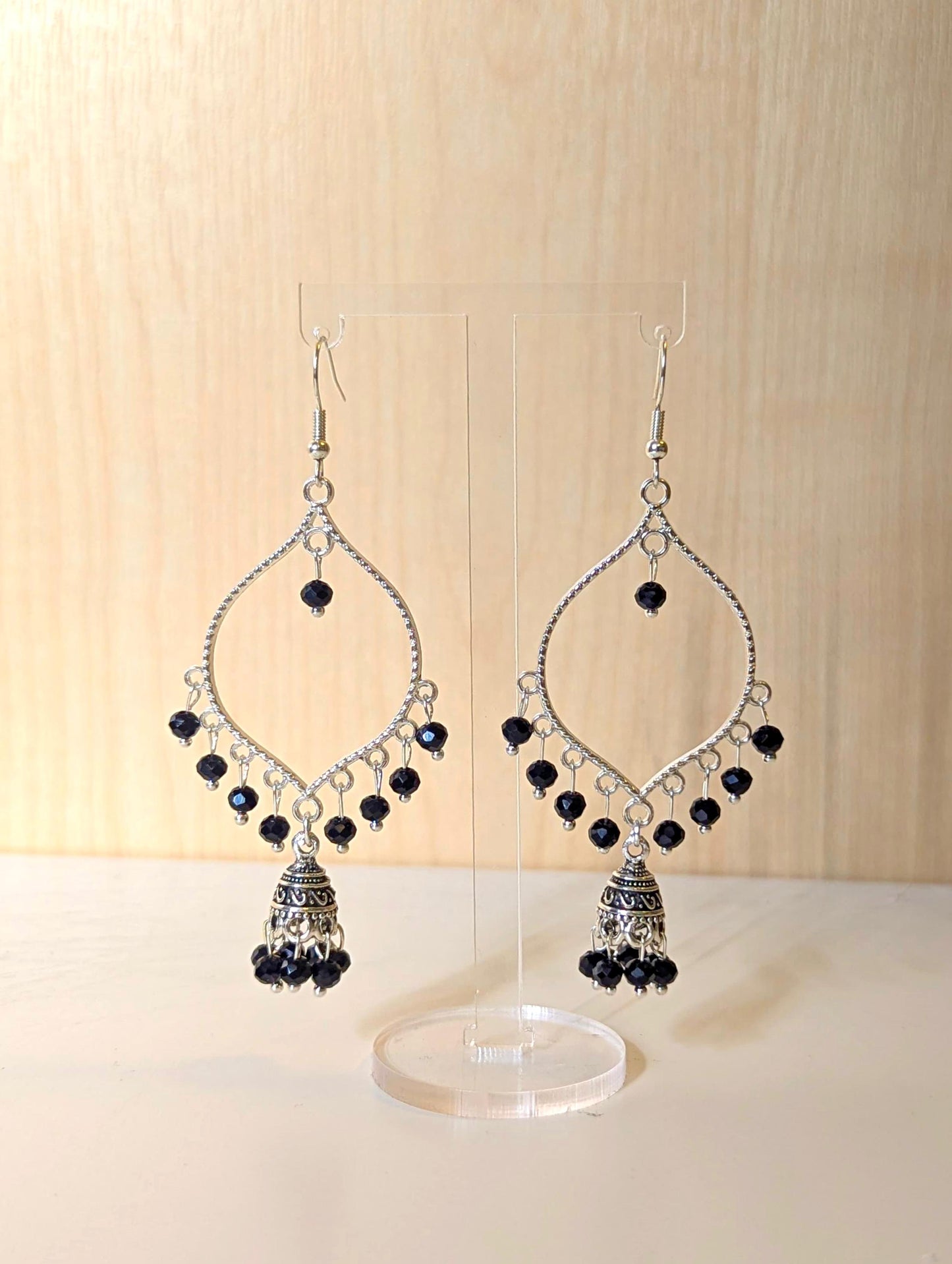 Black Jhumka Drop Earrings in Silver