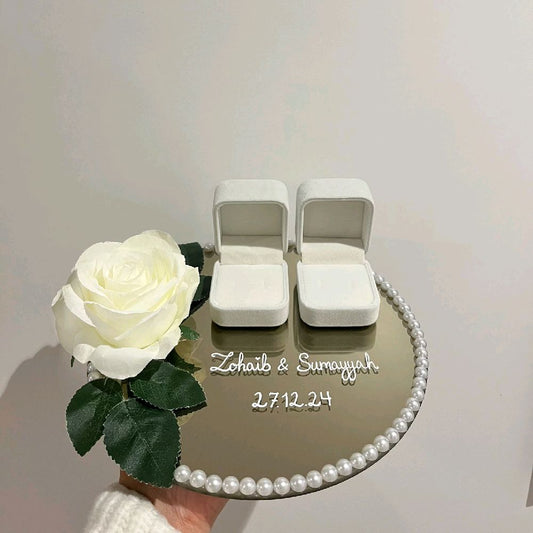 White Rose Custom Ring Plate - Personalized Wedding or Engagement Ring Tray for Bride and Groom