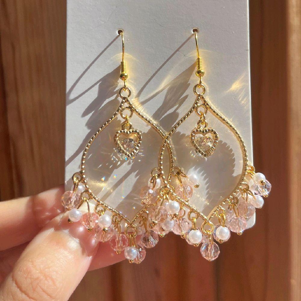 Hand made Pink Crystal White Pearl Heart Earrings - Jhumkas for Women - Gold plated