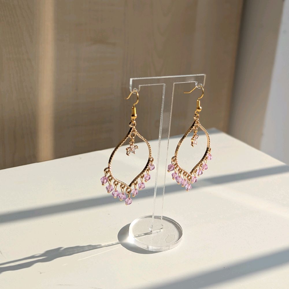 Purple Crystal Flower Earrings in Gold