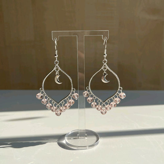 Hand made Pink Crystal Moonlight Earrings in Silver - Tarnish free