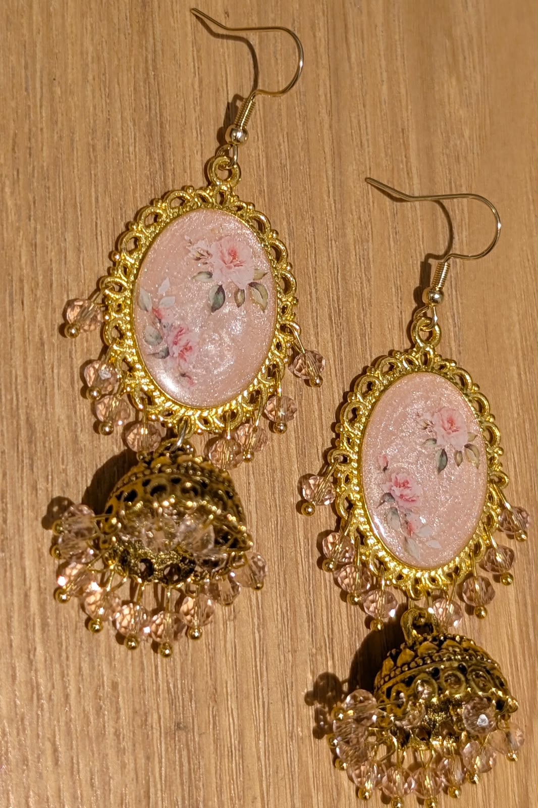 Peachy Pink Shimmery Jhumkay in Gold