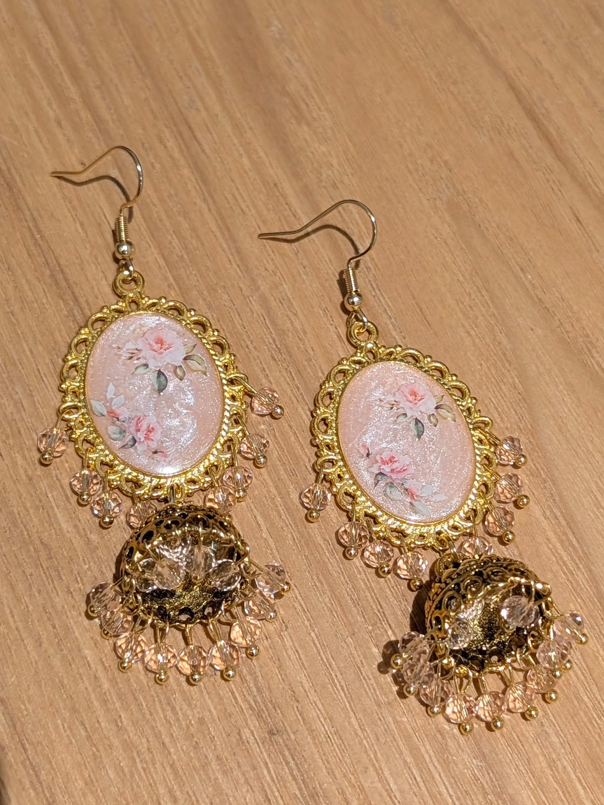 Peachy Pink Shimmery Jhumkay in Gold