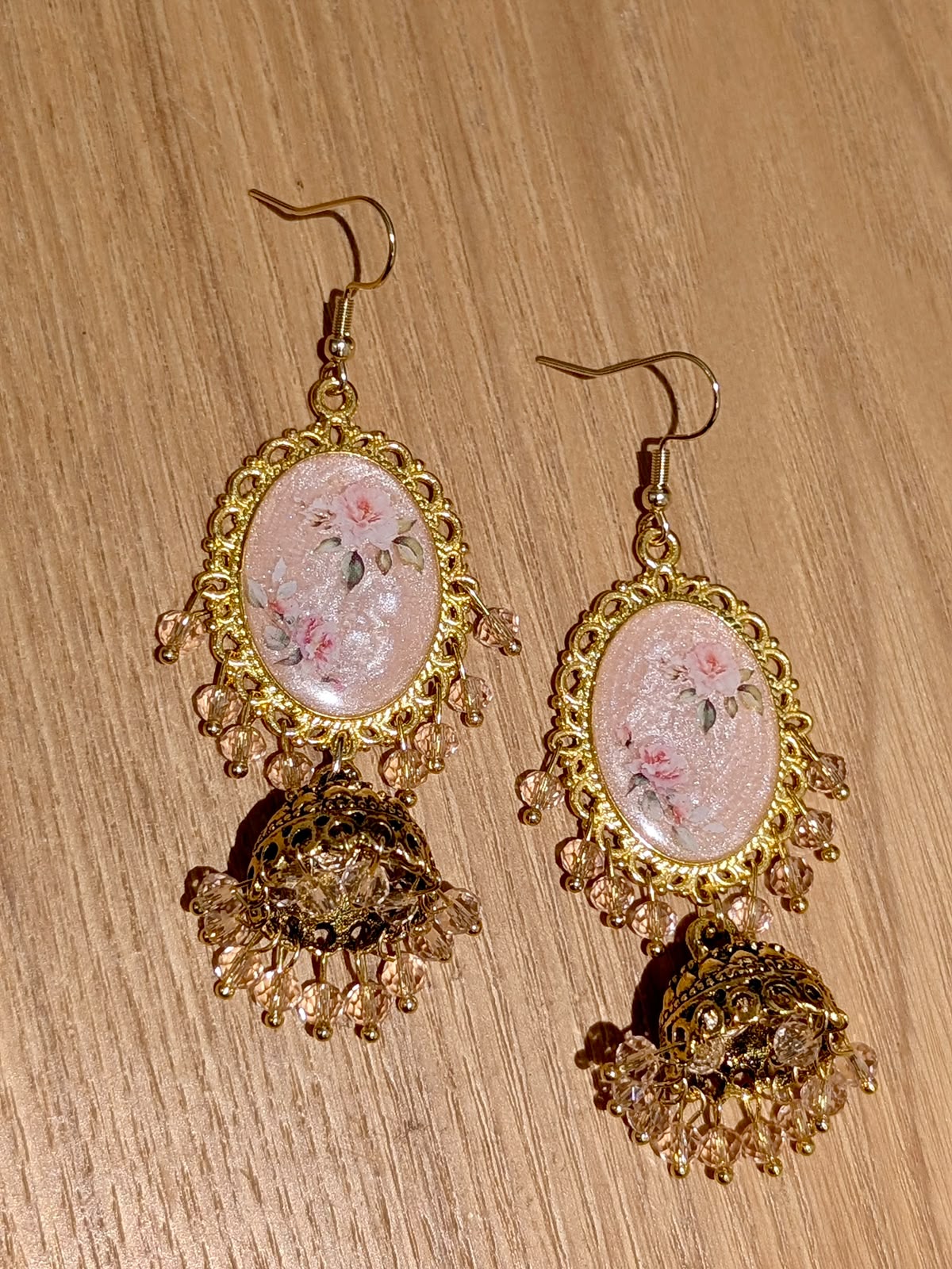 Peachy Pink Shimmery Jhumkay in Gold