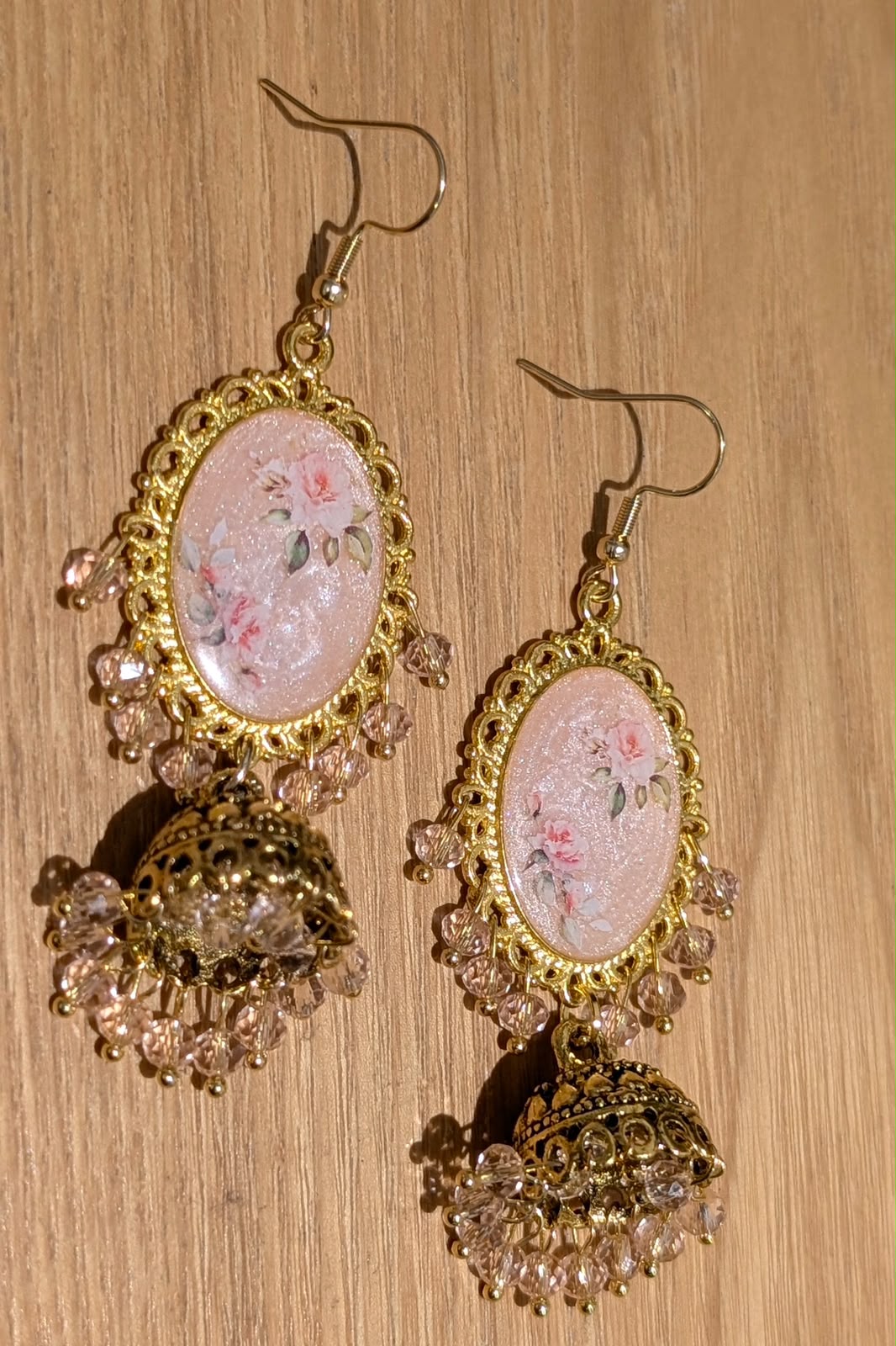 Peachy Pink Shimmery Jhumkay in Gold