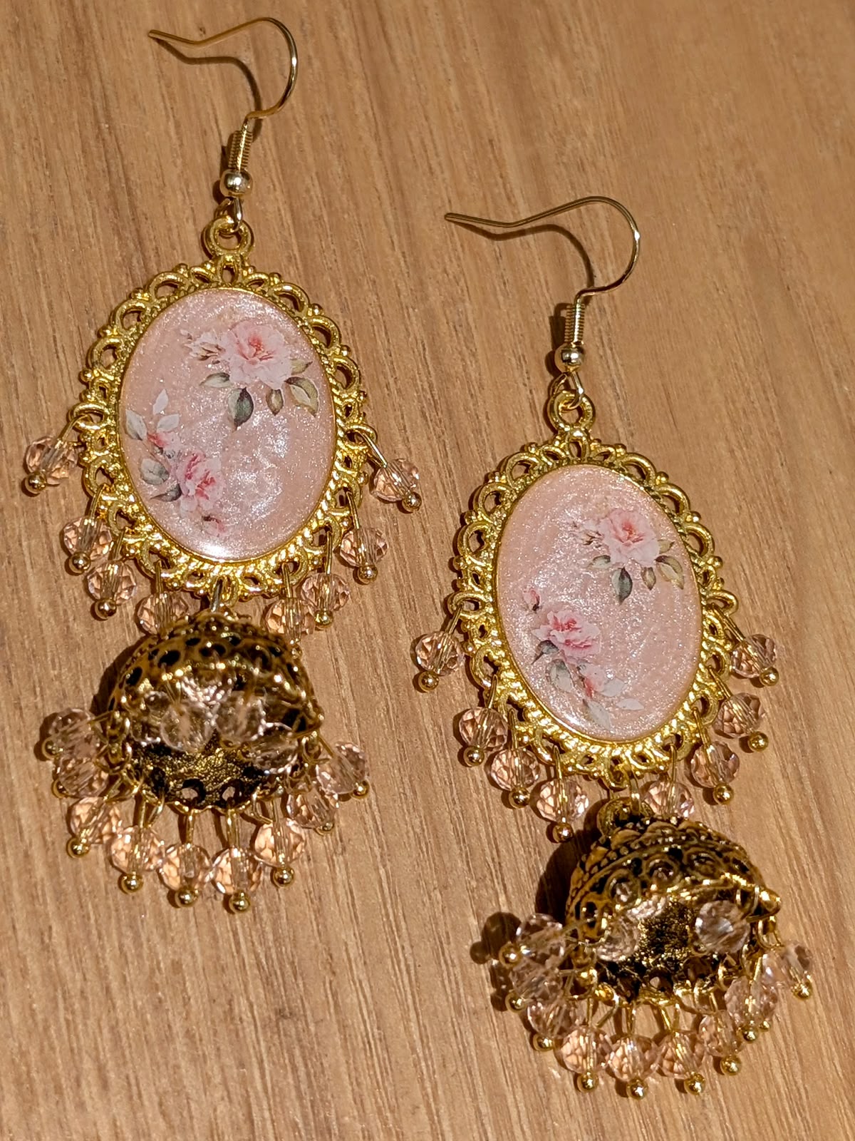 Peachy Pink Shimmery Jhumkay in Gold