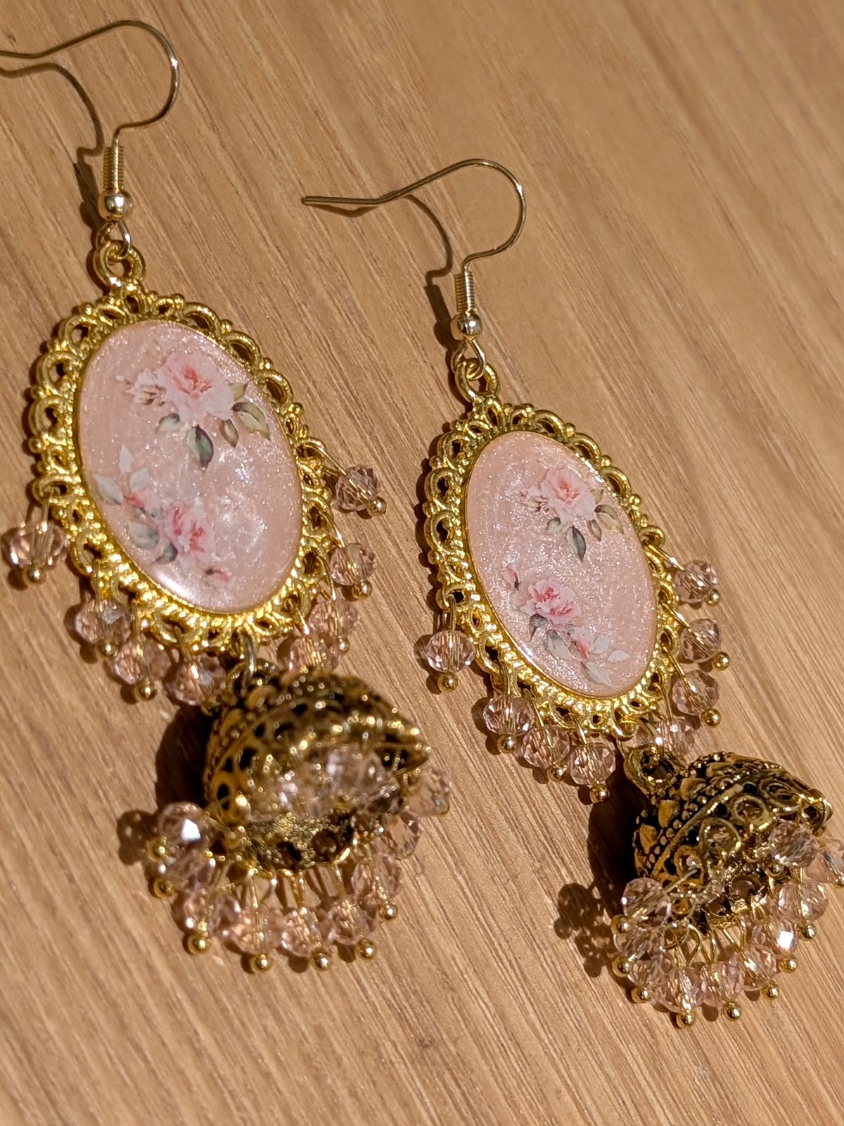 Peachy Pink Shimmery Jhumkay in Gold