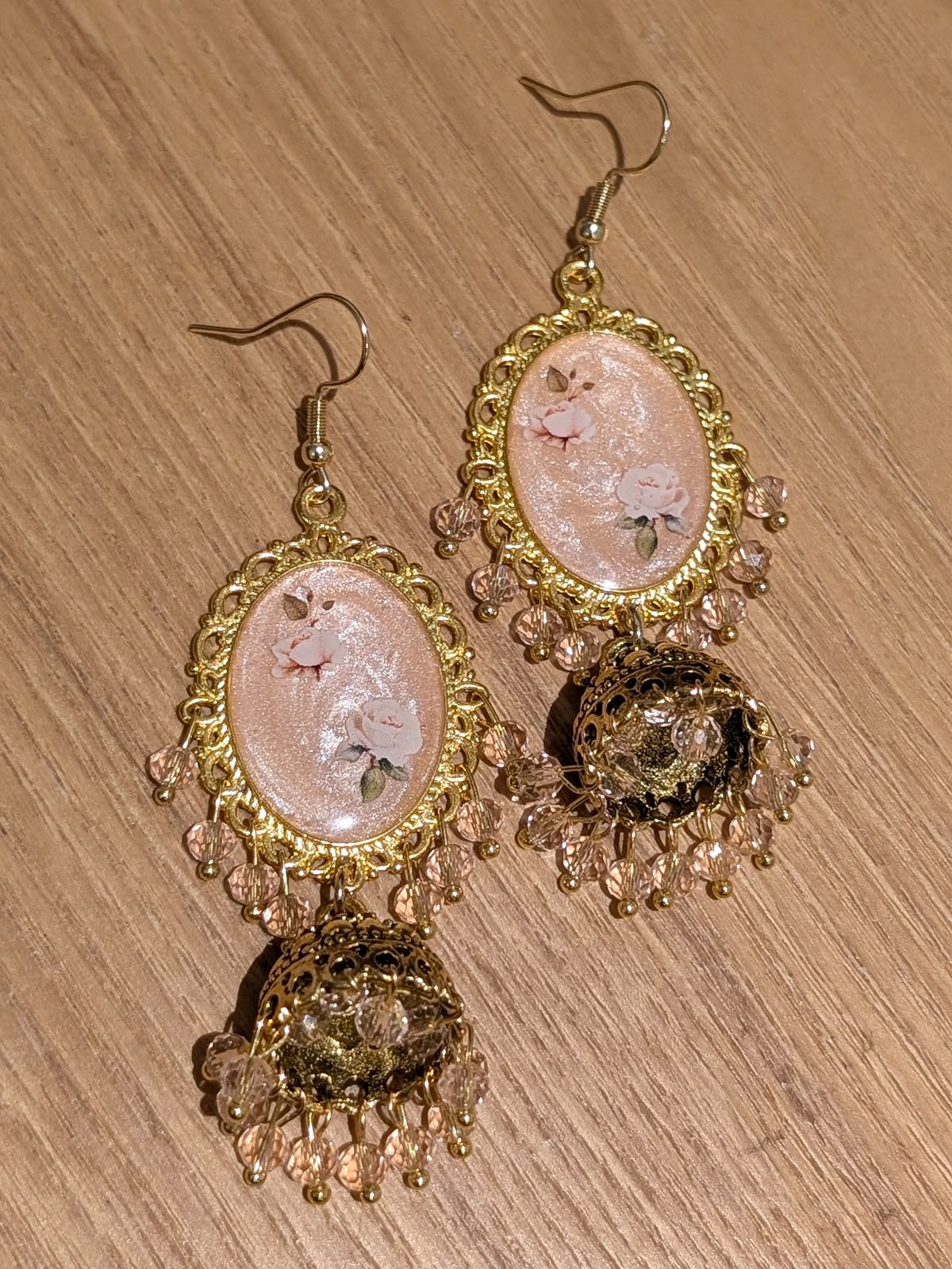 Nude Pink Shimmery Jhumkay in Gold