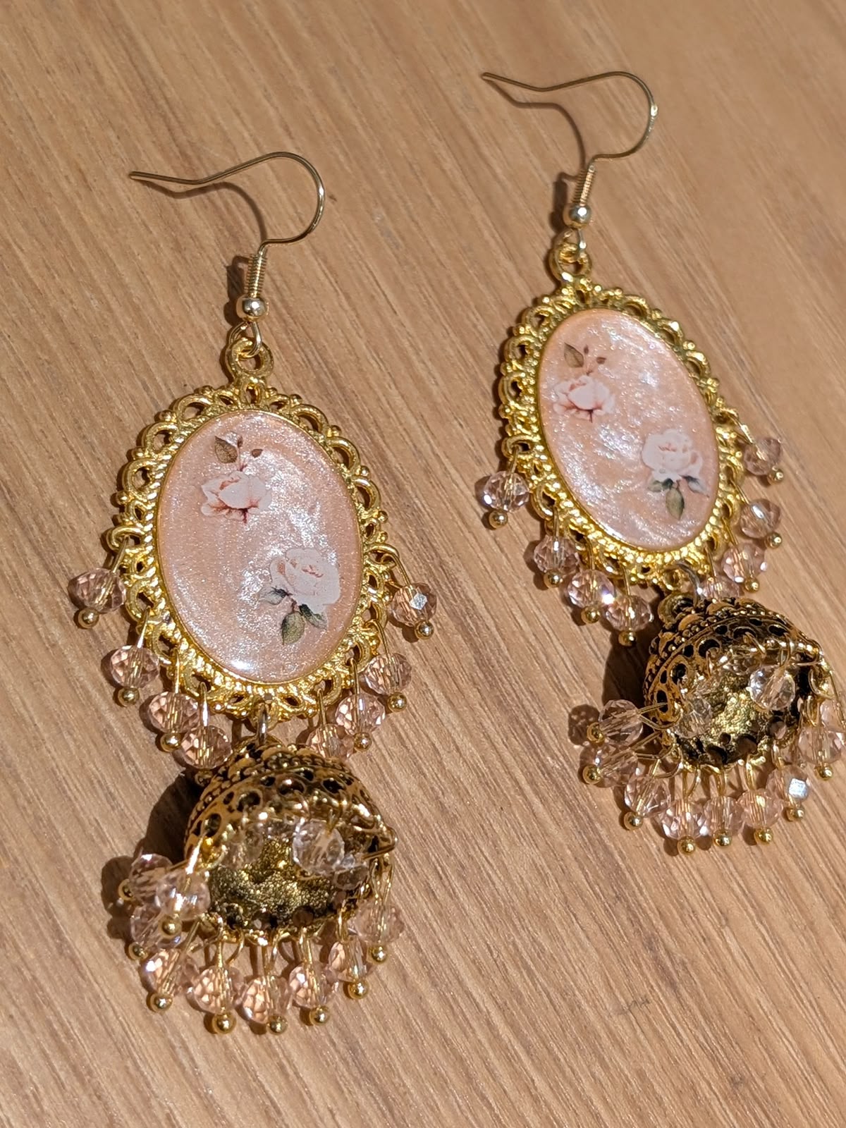 Nude Pink Shimmery Jhumkay in Gold
