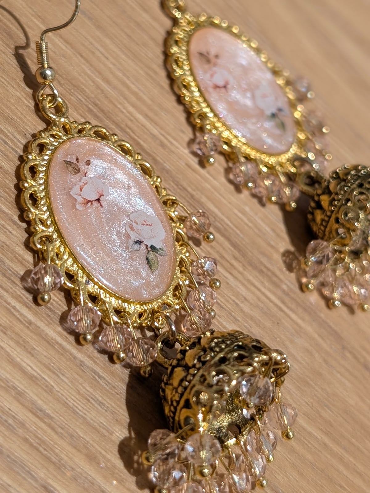 Nude Pink Shimmery Jhumkay in Gold