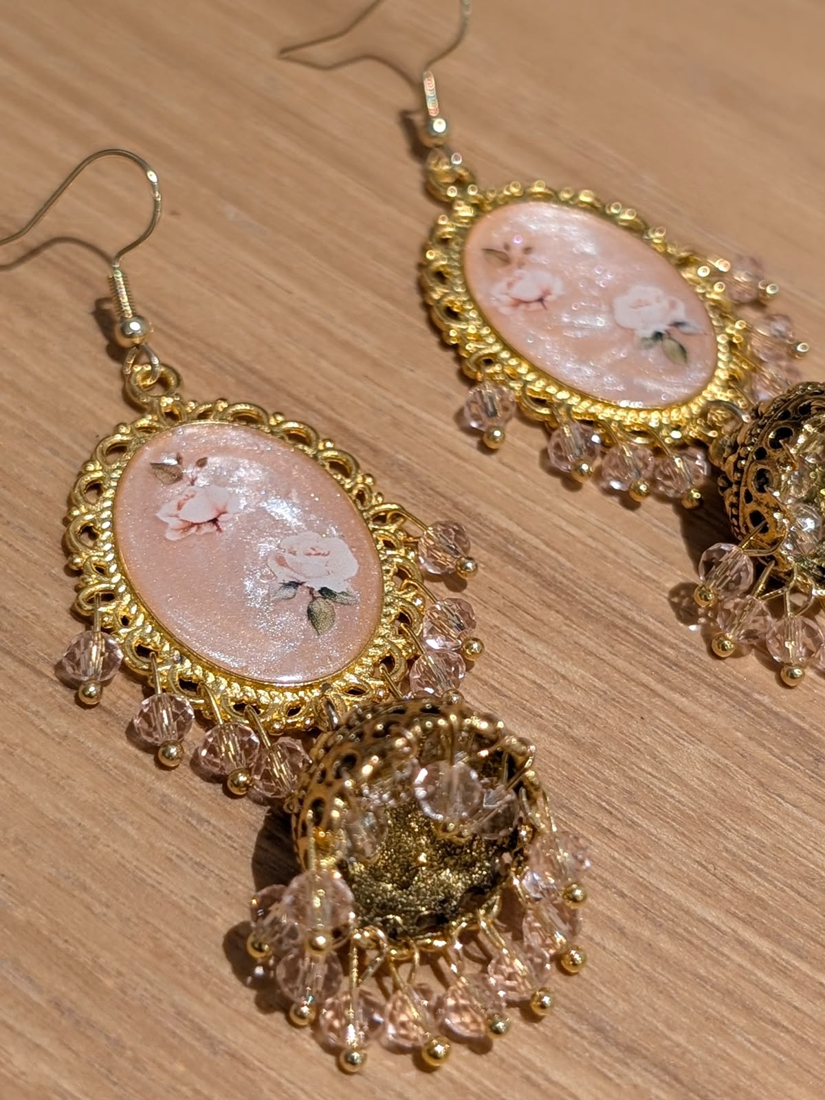 Nude Pink Shimmery Jhumkay in Gold