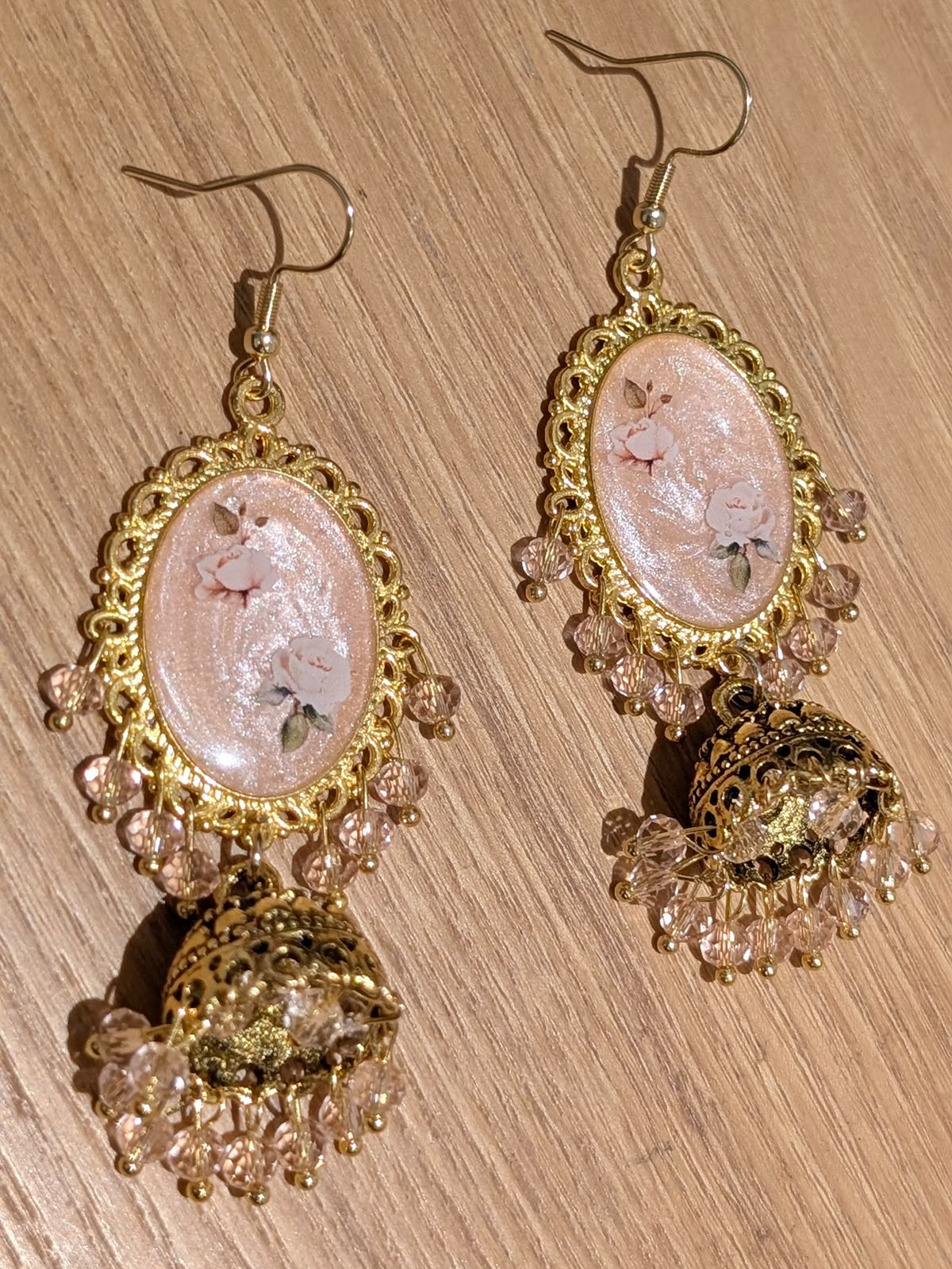 Nude Pink Shimmery Jhumkay in Gold