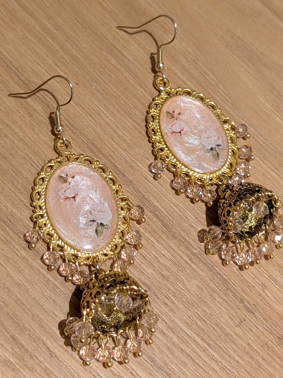 Nude Pink Shimmery Jhumkay in Gold