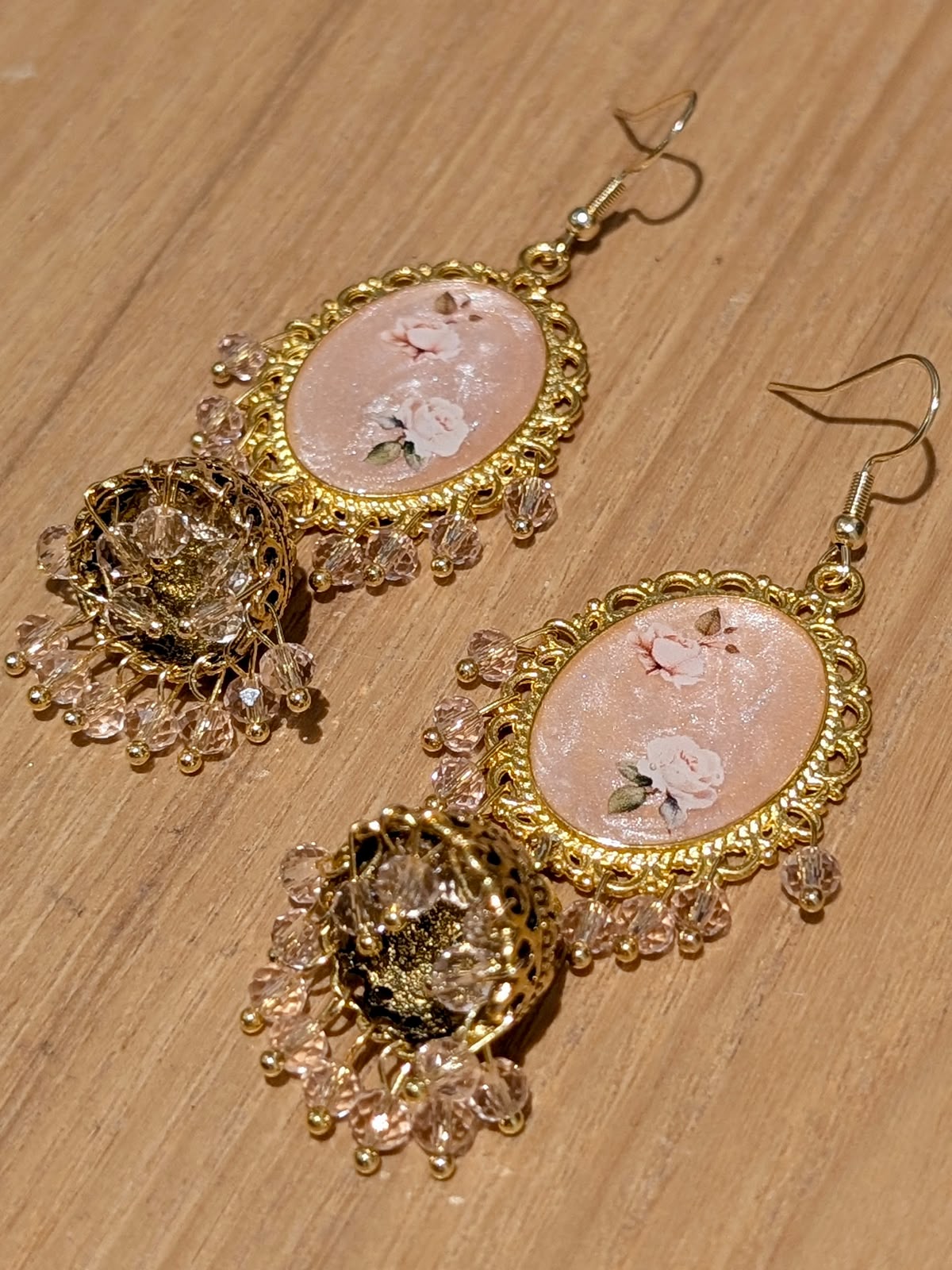 Nude Pink Shimmery Jhumkay in Gold