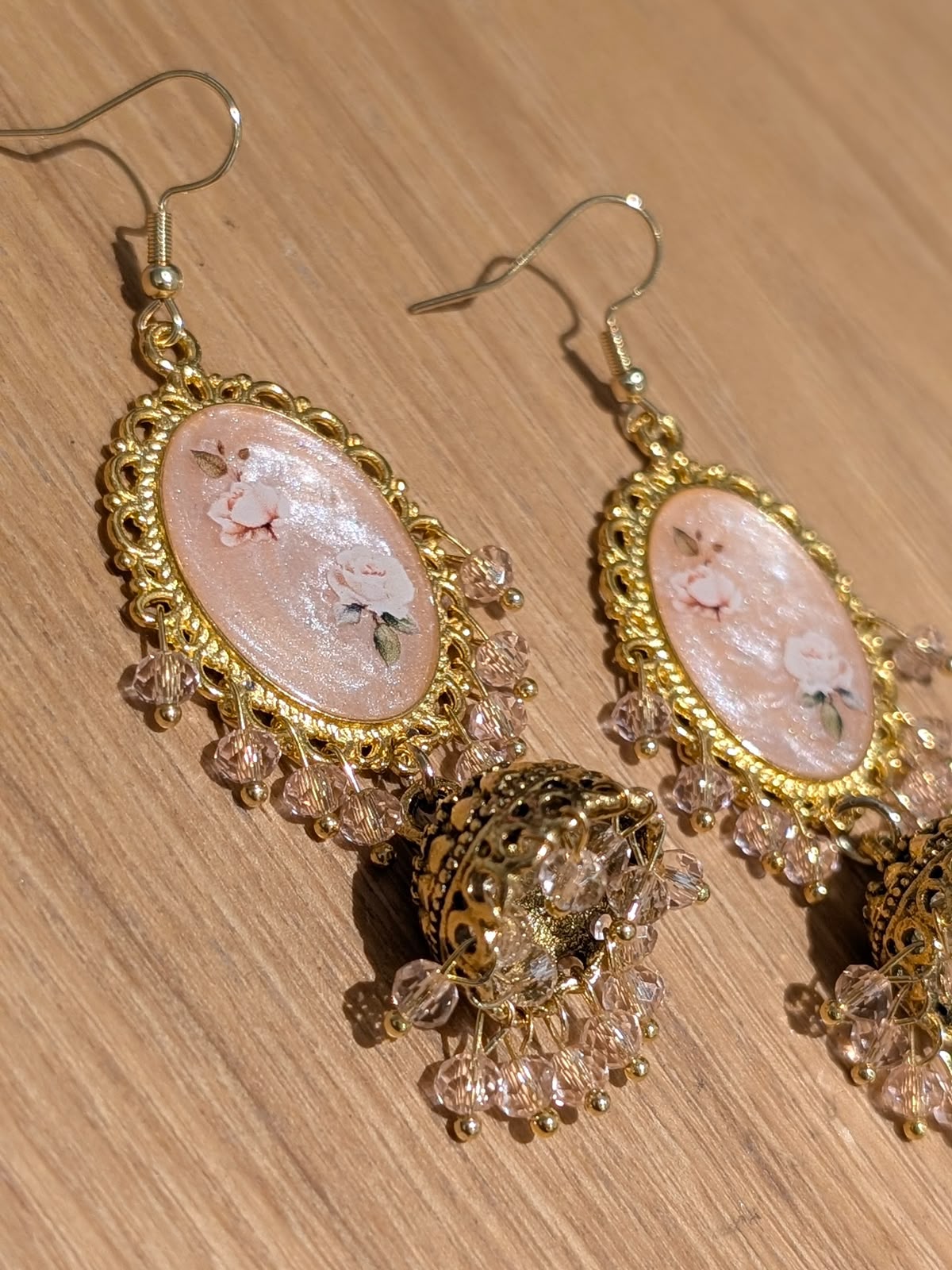 Nude Pink Shimmery Jhumkay in Gold