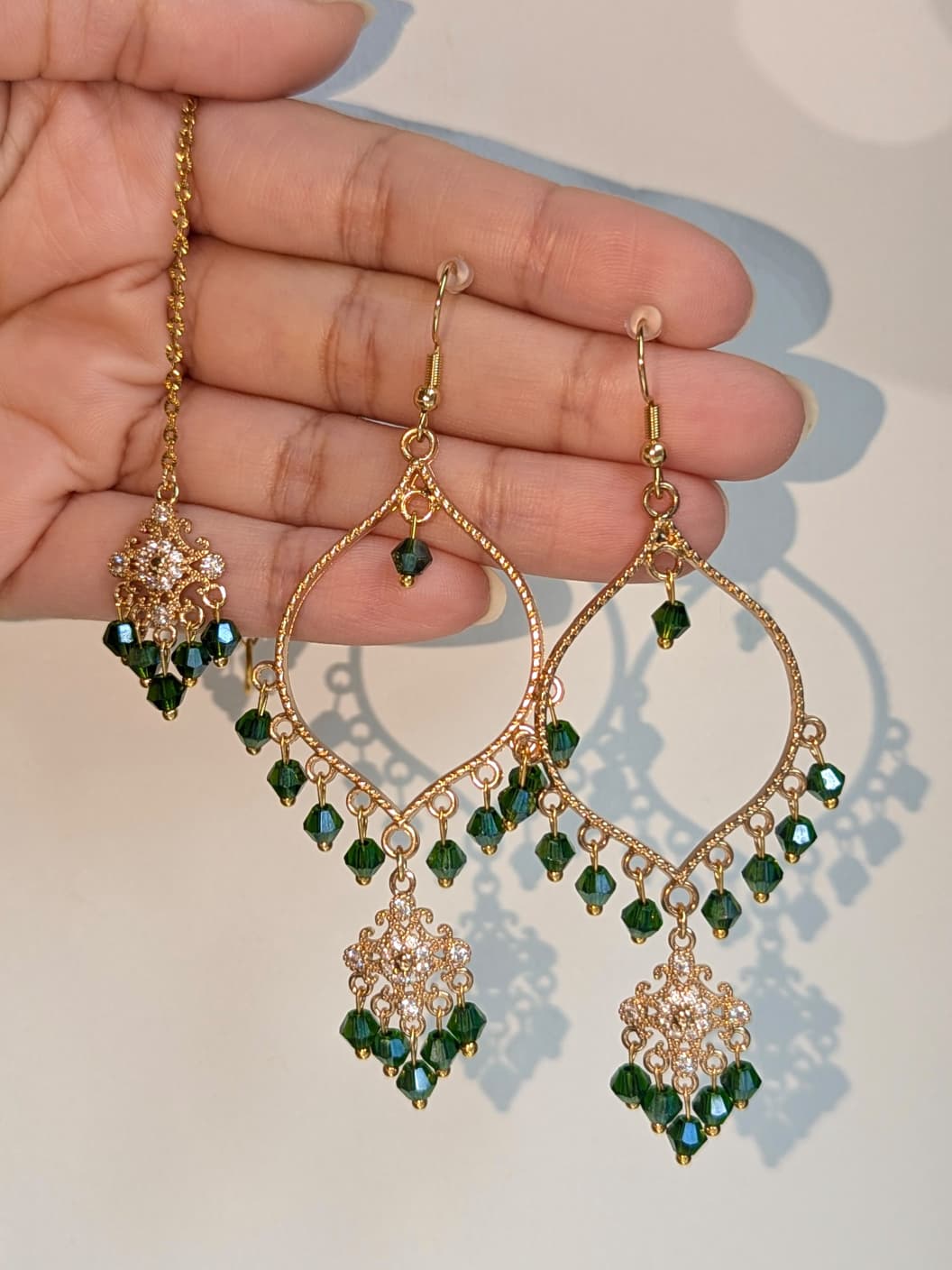 Emerald Green Dainty Drop Tikka Earrings Set