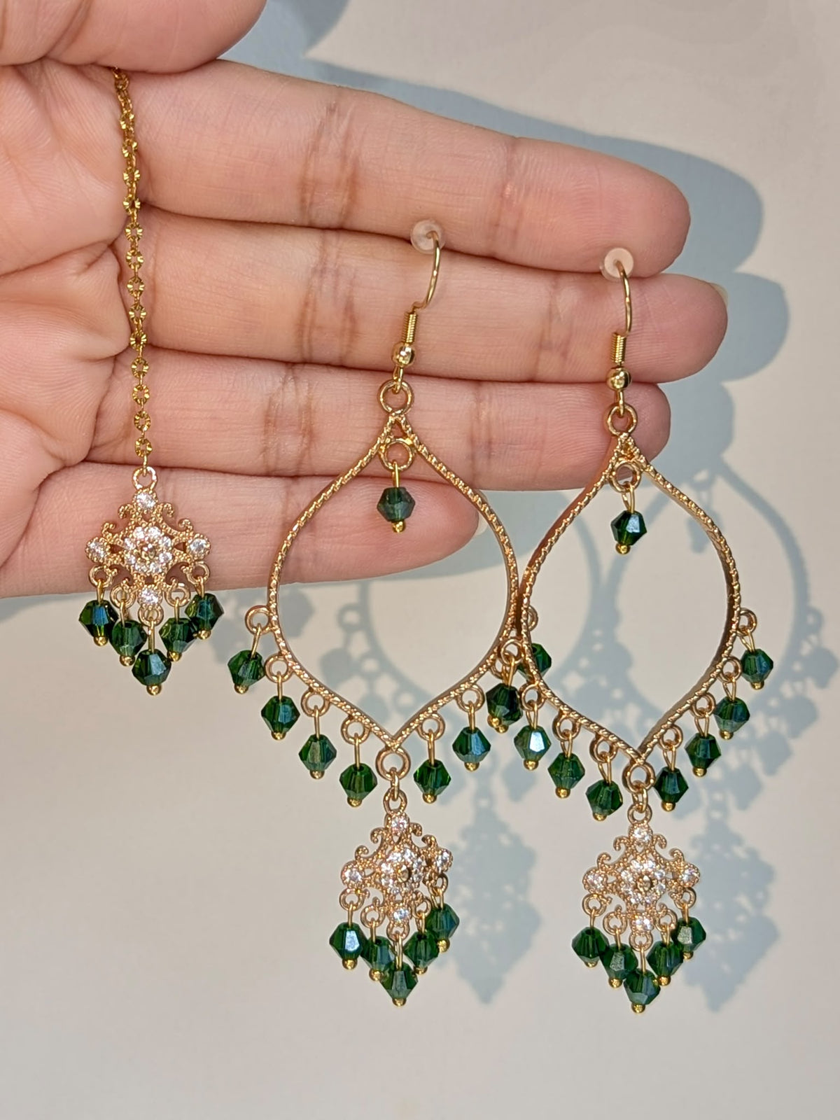 Emerald Green Dainty Drop Tikka Earrings Set
