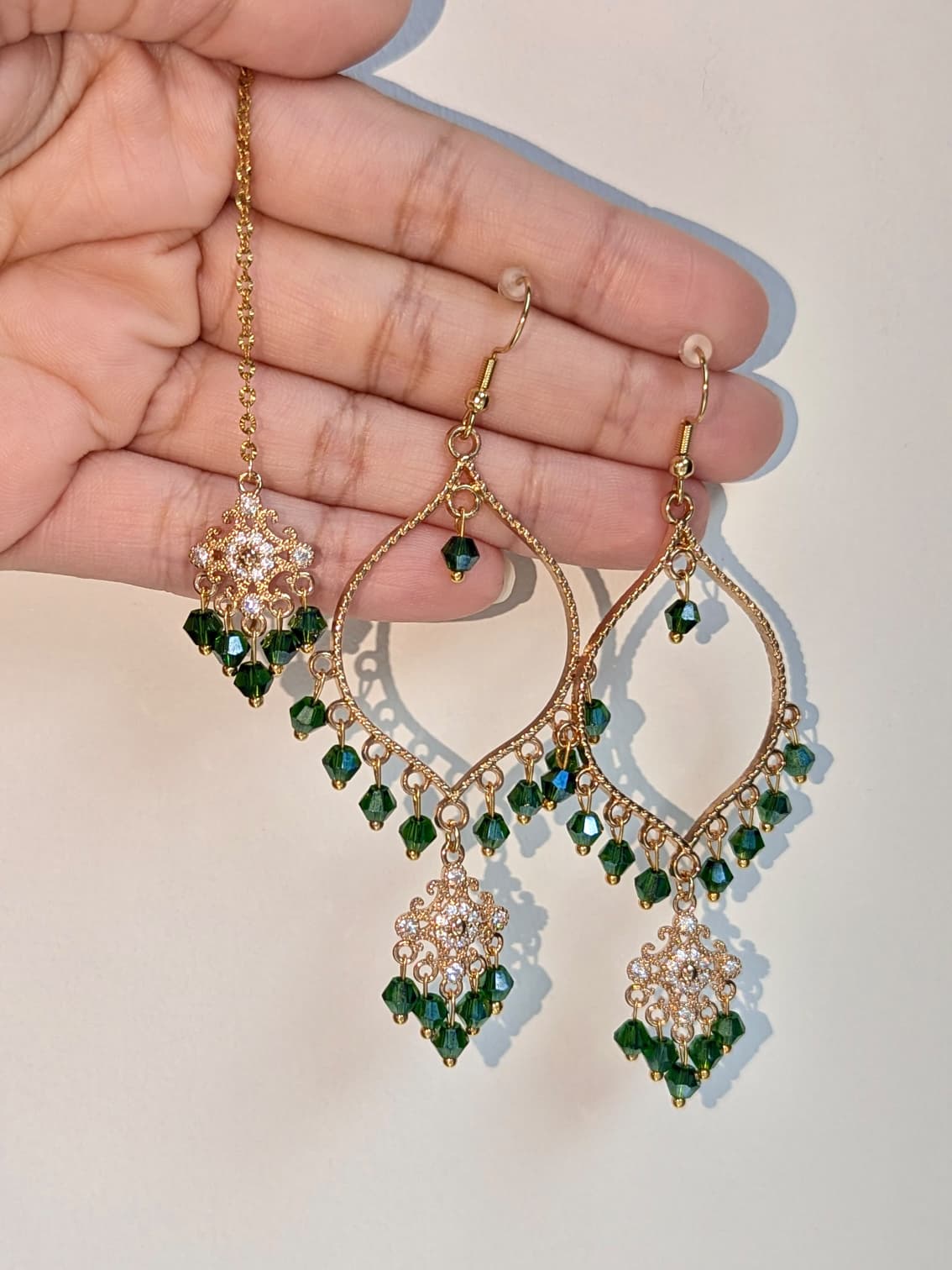 Emerald Green Dainty Drop Tikka Earrings Set