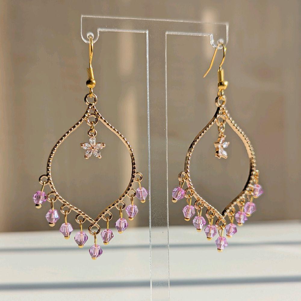 Purple Crystal Flower Earrings in Gold
