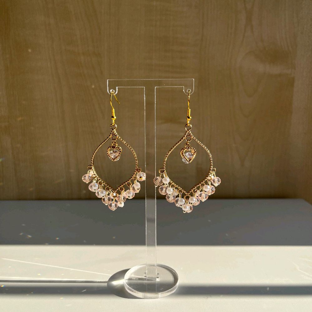 Hand made Pink Crystal White Pearl Heart Earrings - Jhumkas for Women - Gold plated